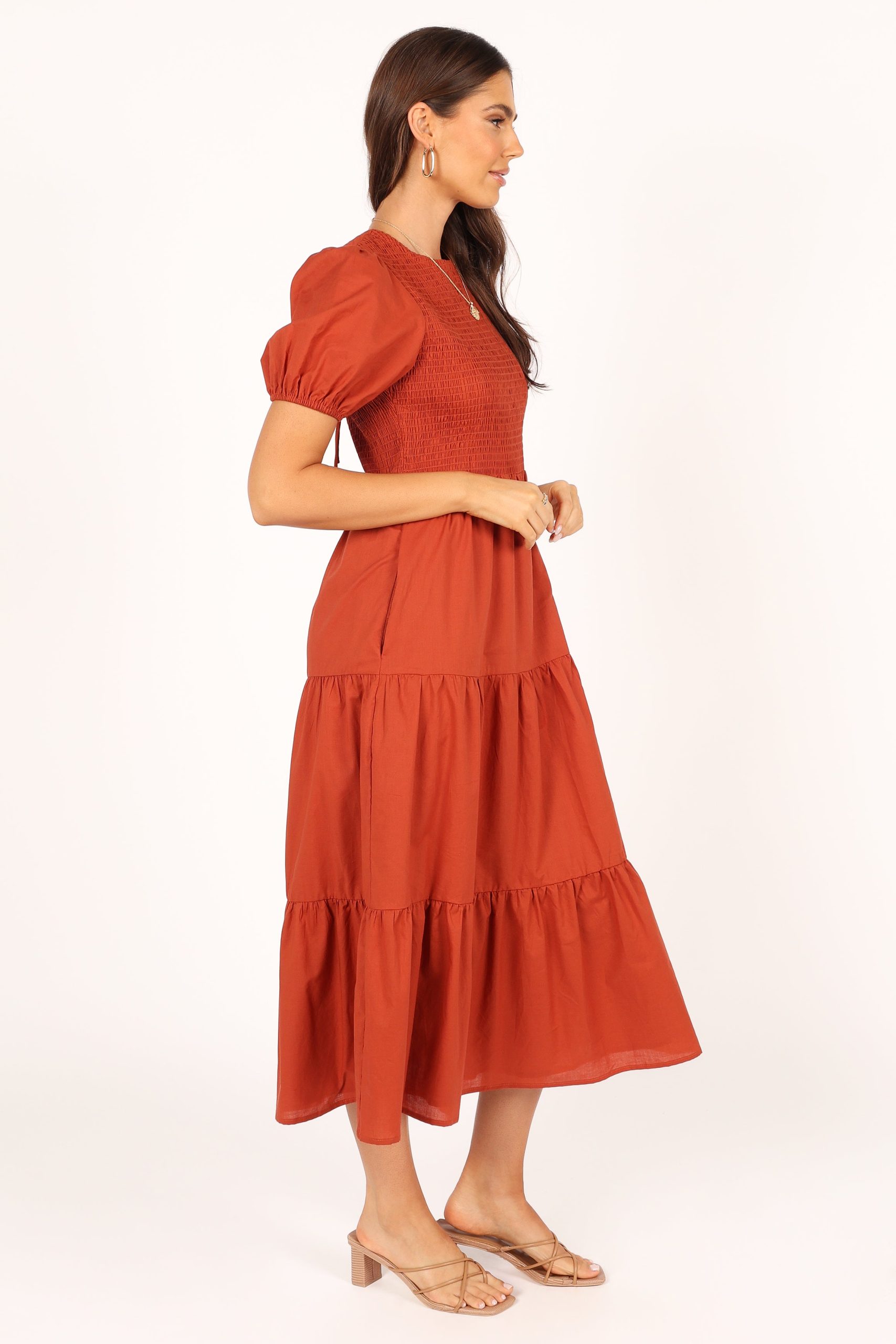 Naura Shirred Tiered Midi Dress - Rust - Image 8