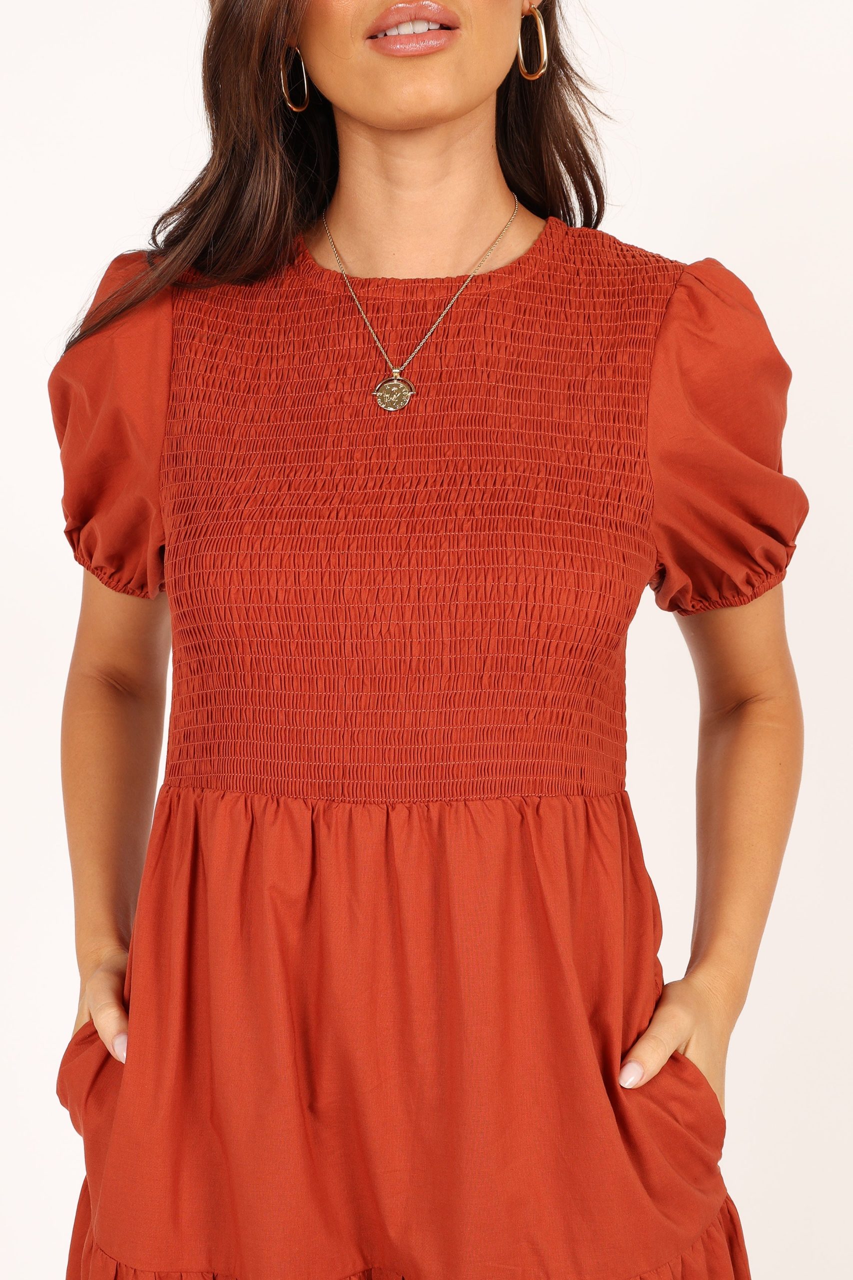 Naura Shirred Tiered Midi Dress - Rust - Image 2