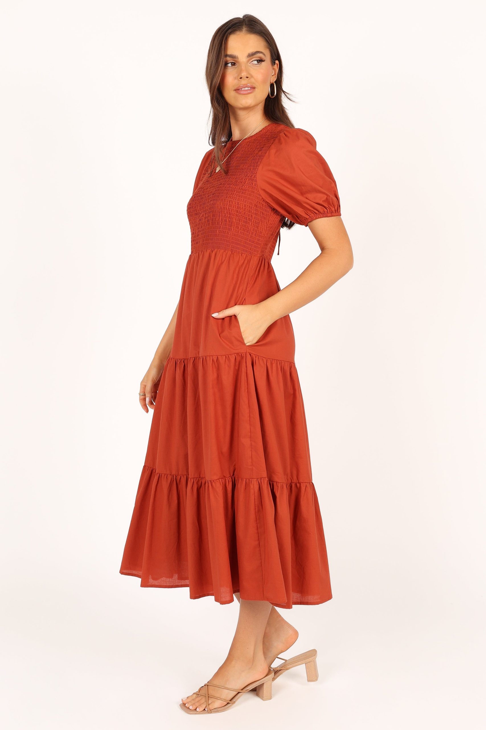 Naura Shirred Tiered Midi Dress - Rust - Image 5