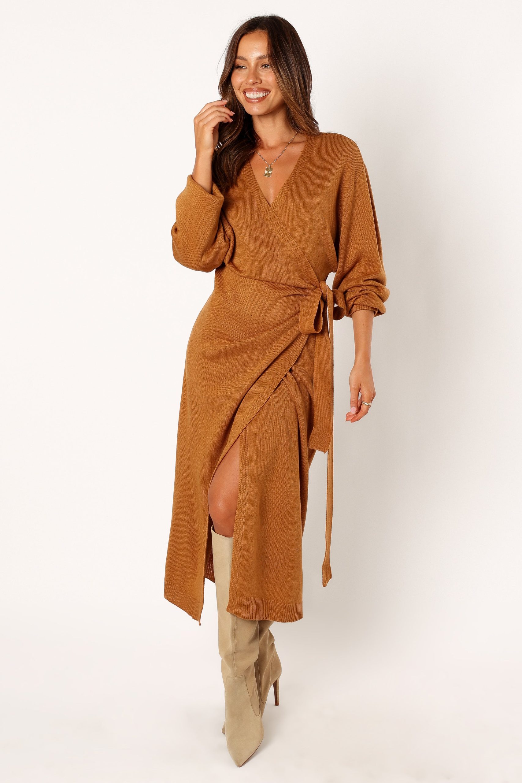 Nova Wrap Knit Midi Dress - Camel - Image 3