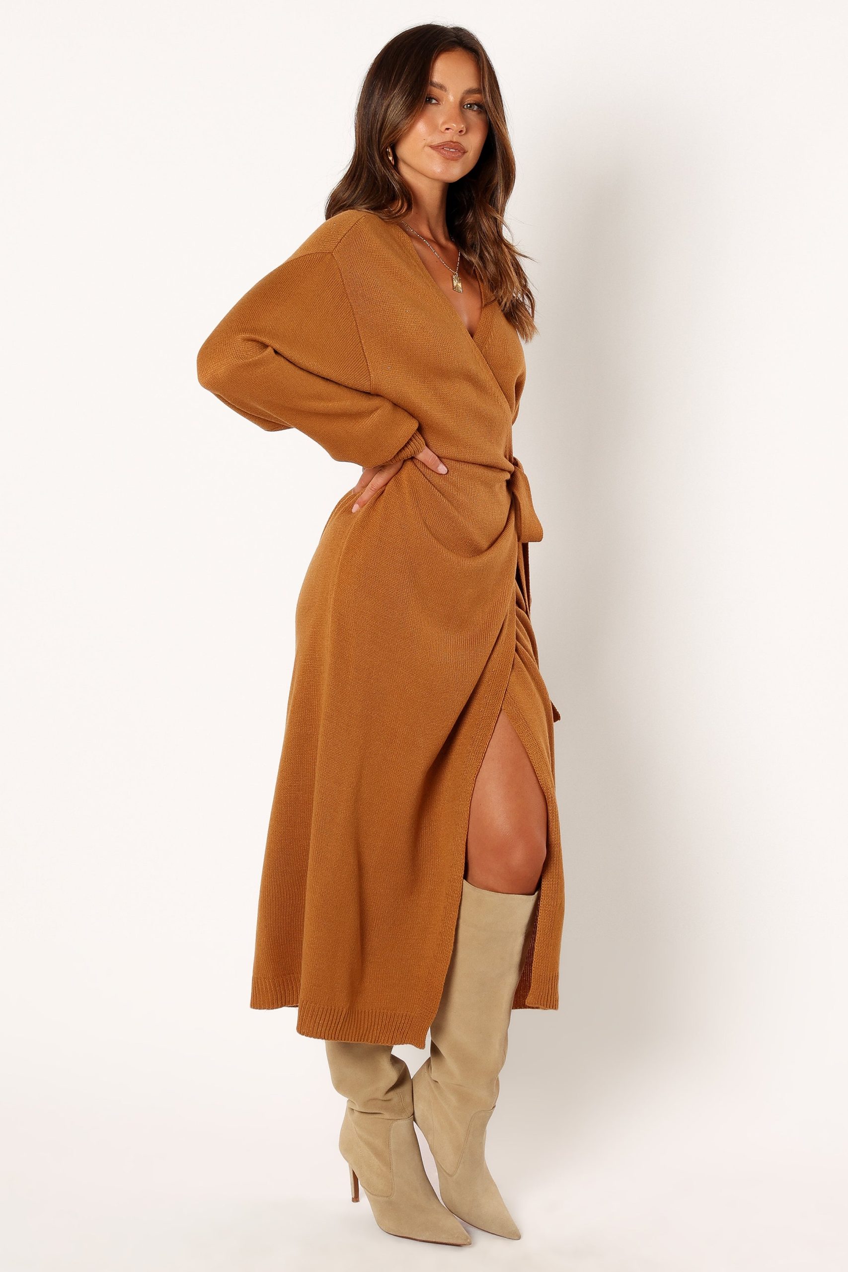 Nova Wrap Knit Midi Dress - Camel - Image 7