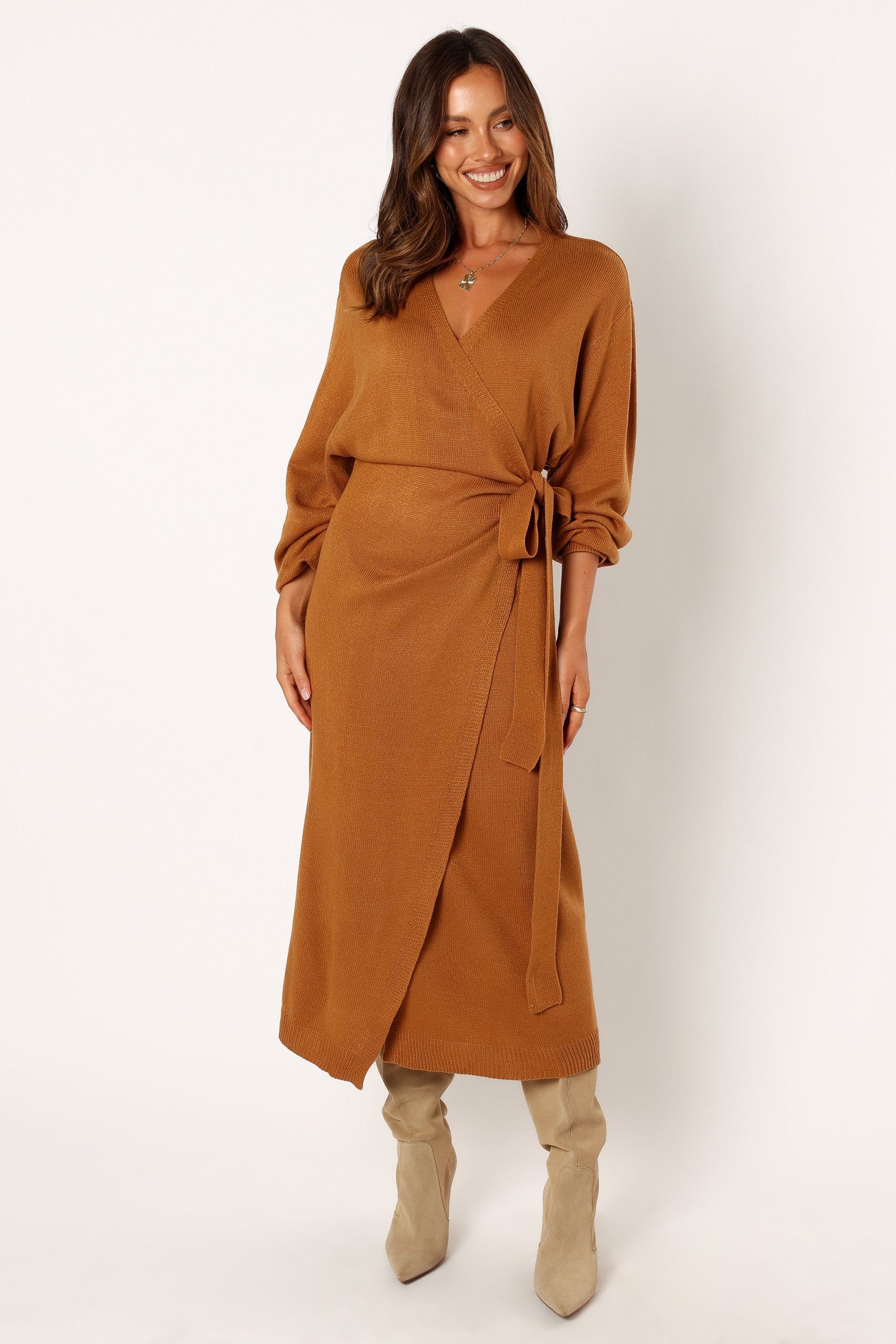 Nova Wrap Knit Midi Dress - Camel - Image 8