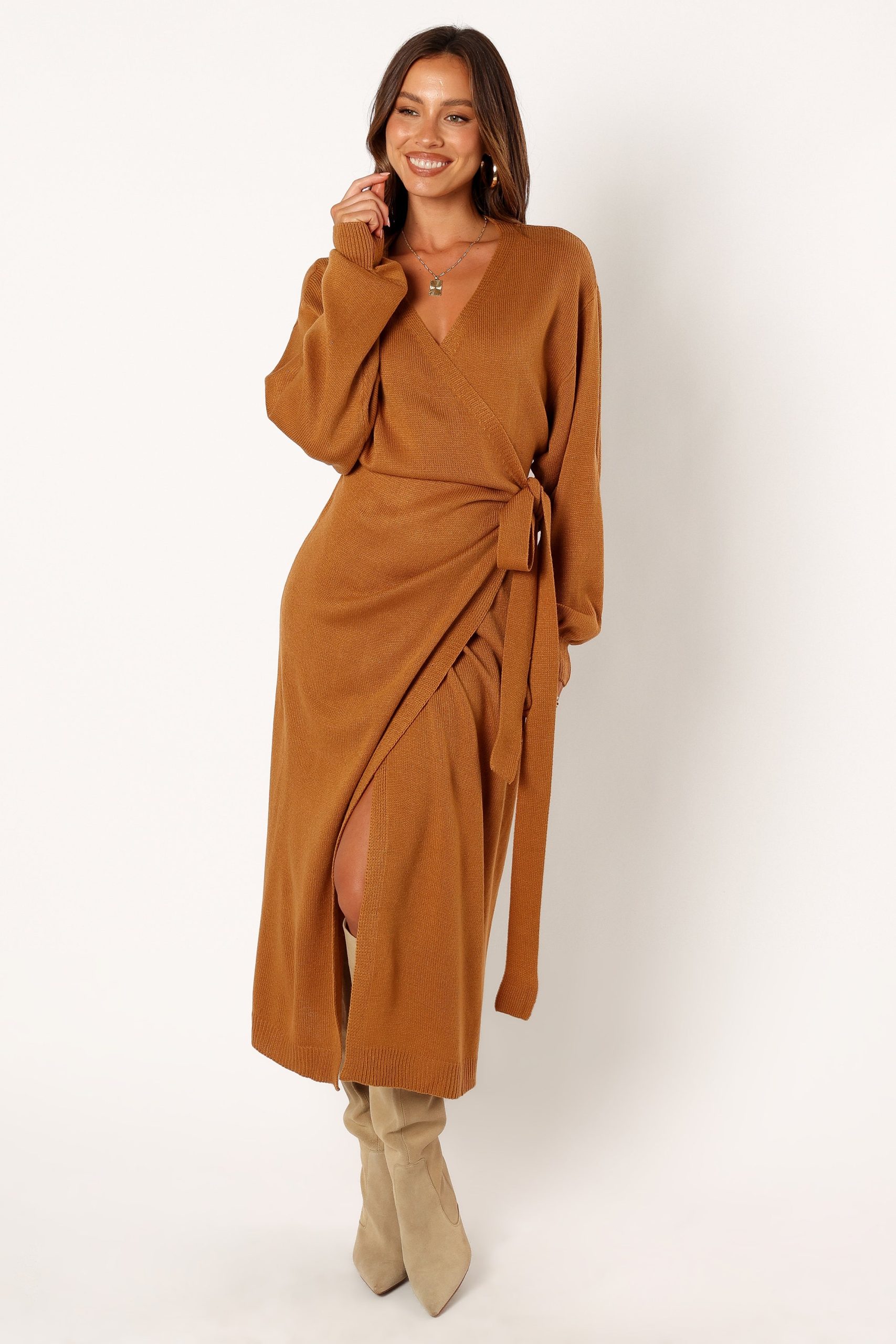 Nova Wrap Knit Midi Dress - Camel - Image 9