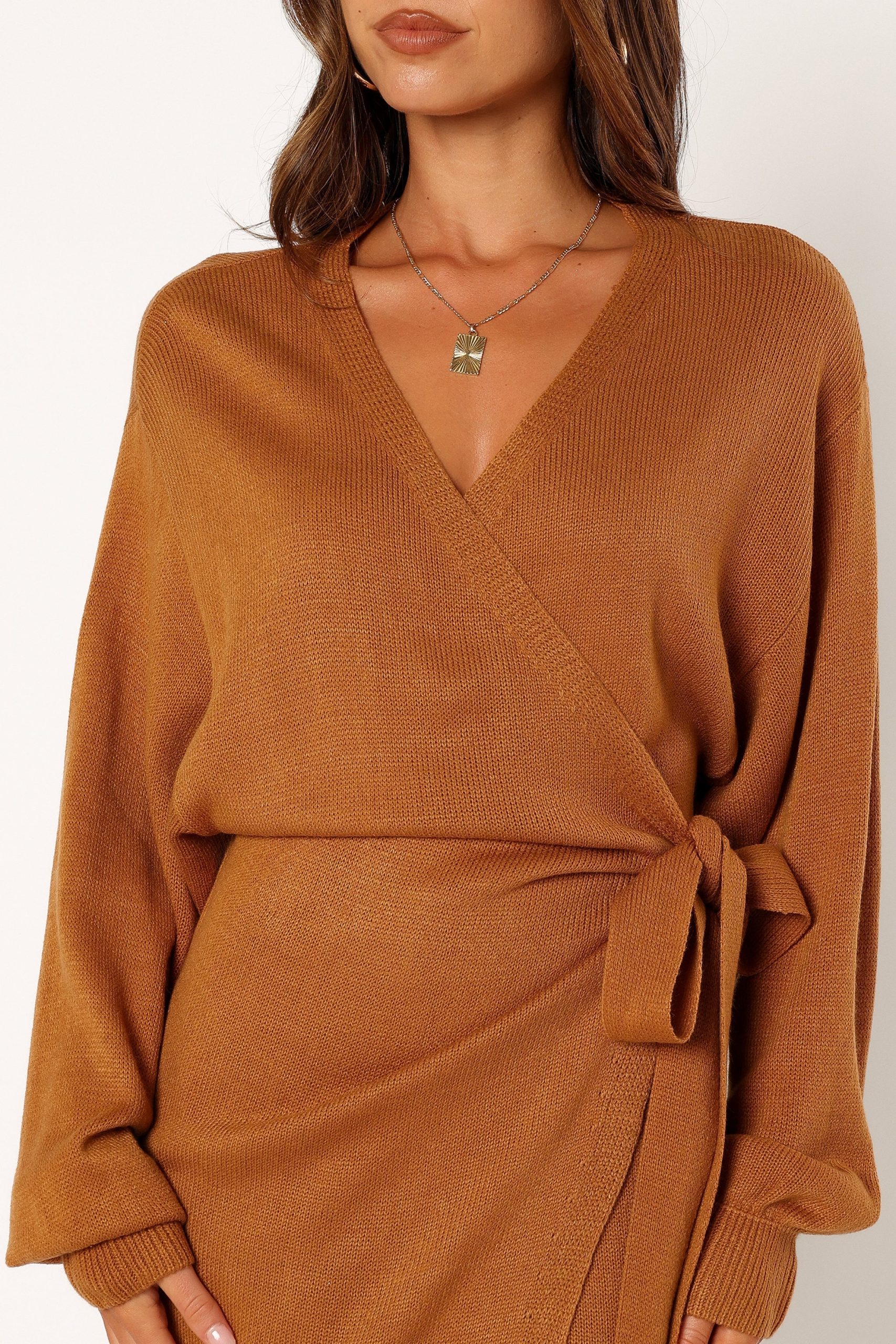 Nova Wrap Knit Midi Dress - Camel - Image 11
