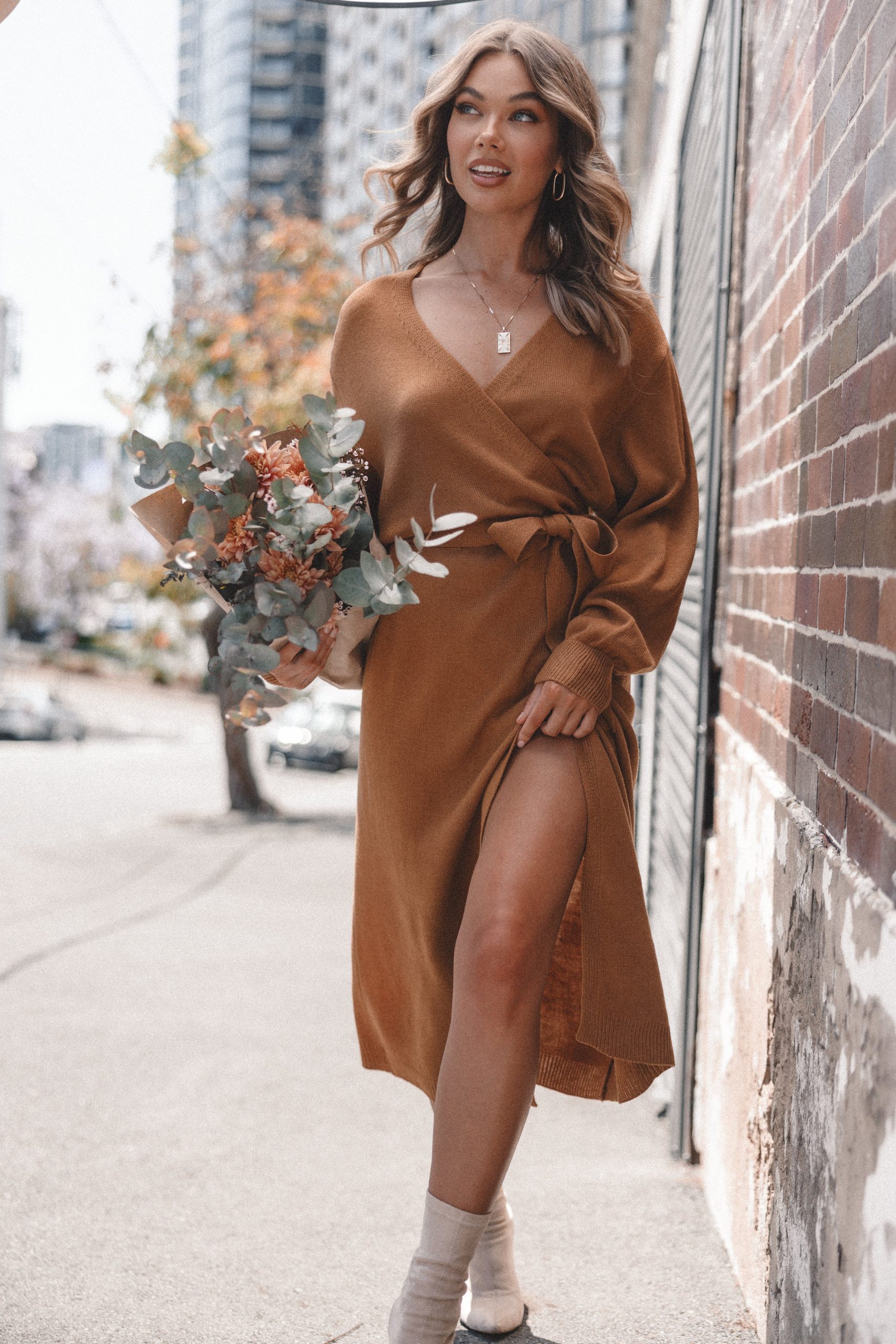 Nova Wrap Knit Midi Dress - Camel - Image 2