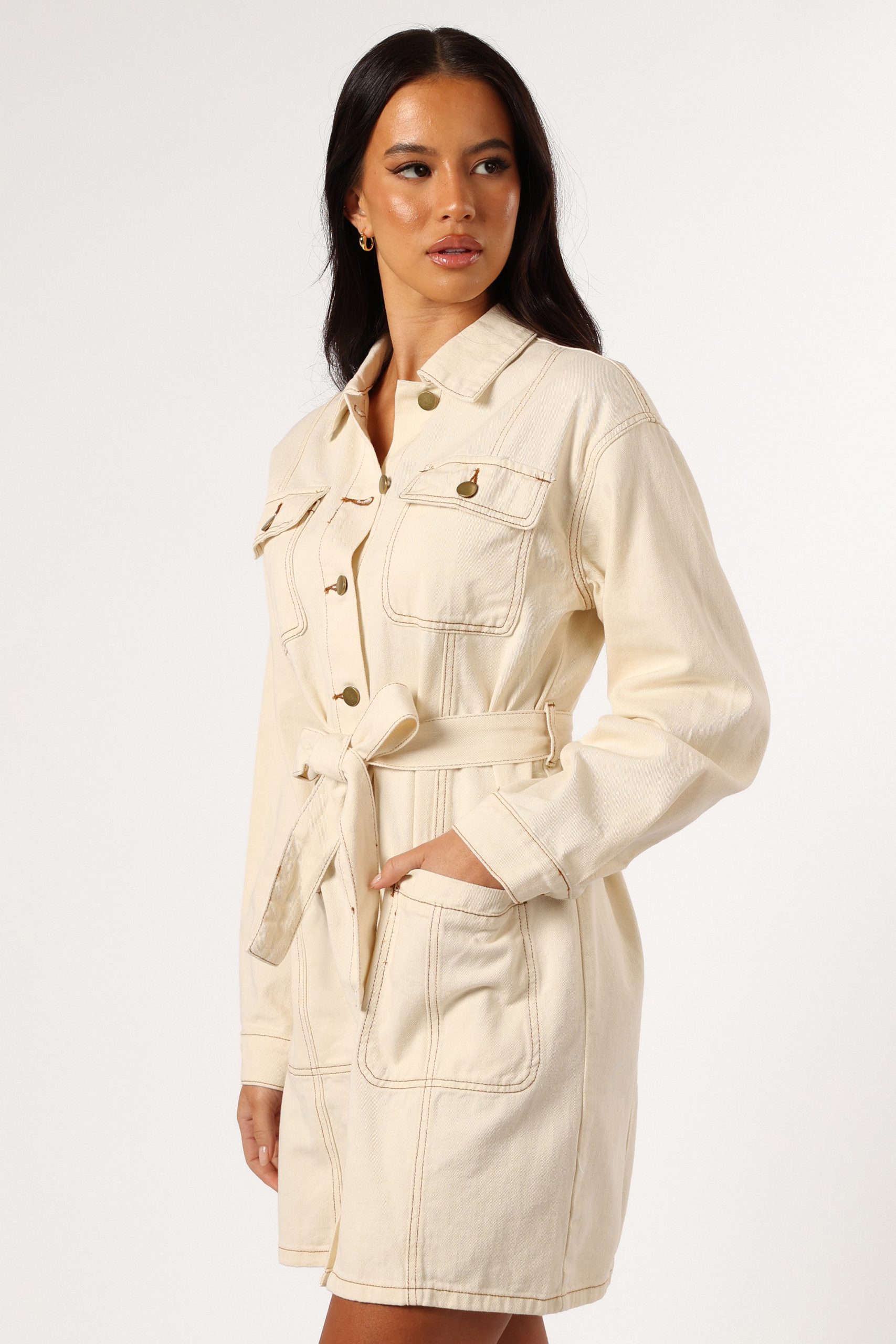 Otto Long Sleeve Mini Denim Dress - Sand - Image 3