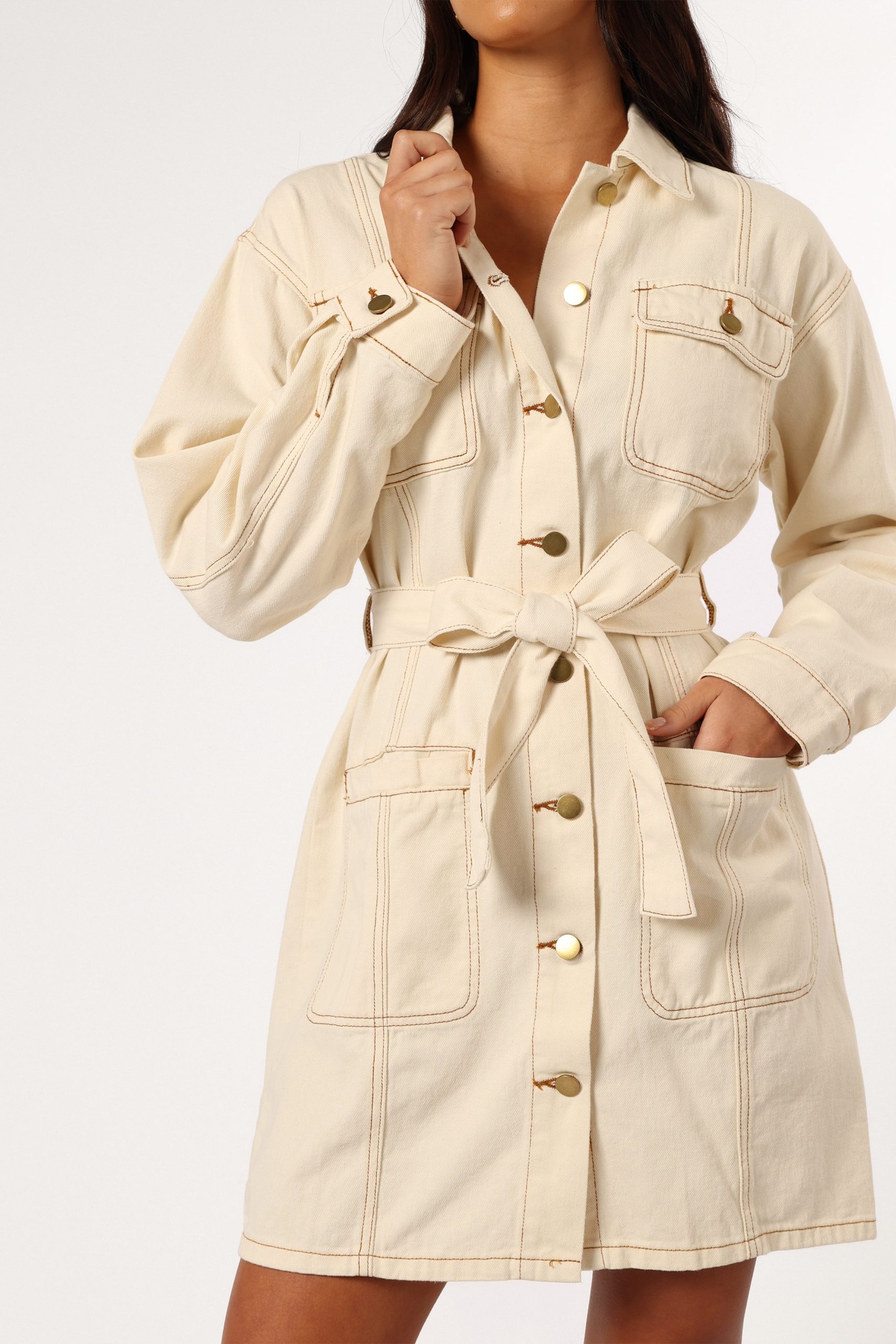 Otto Long Sleeve Mini Denim Dress - Sand - Image 6