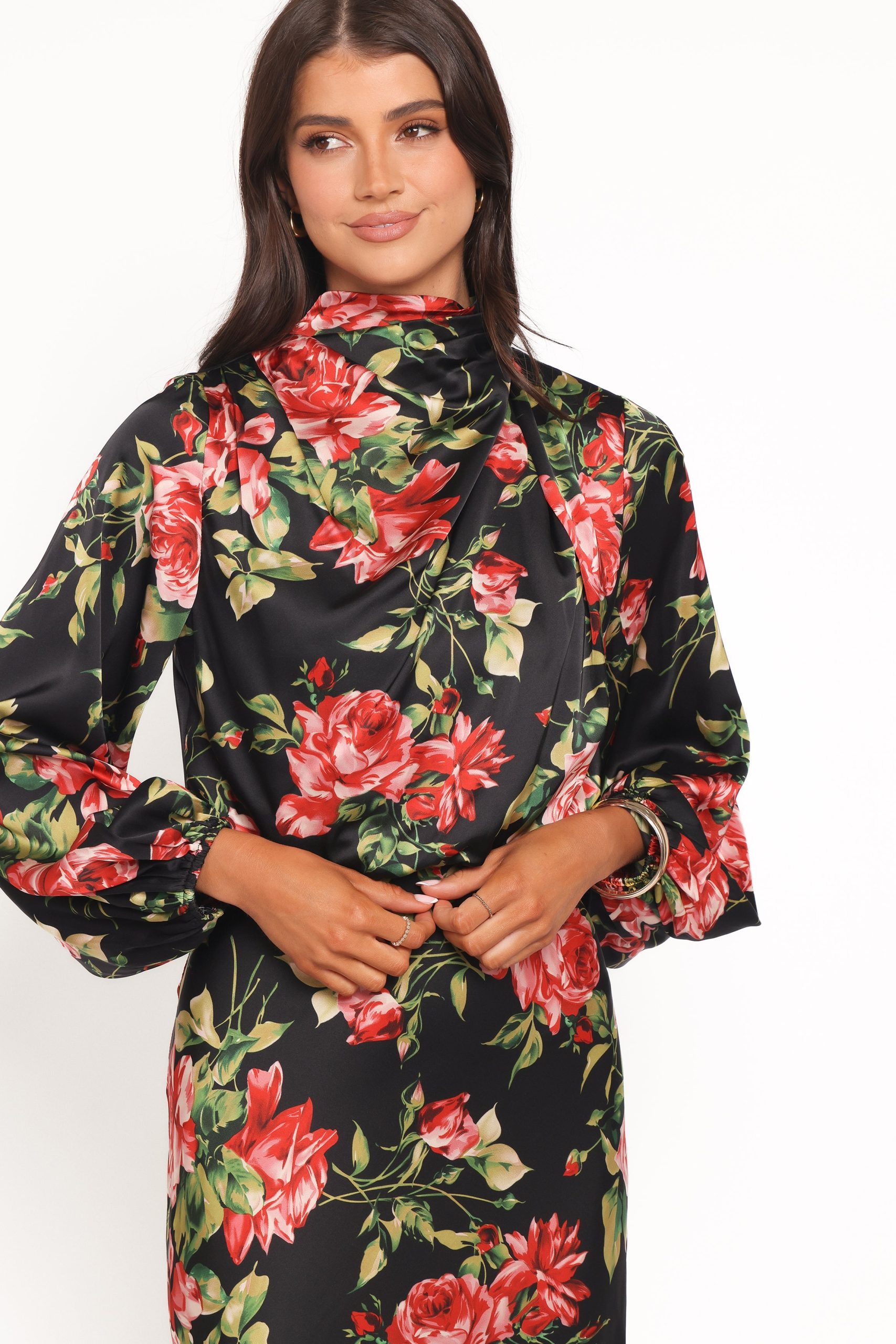Perrie Long Sleeve Midi Dress - Black Floral - Image 2