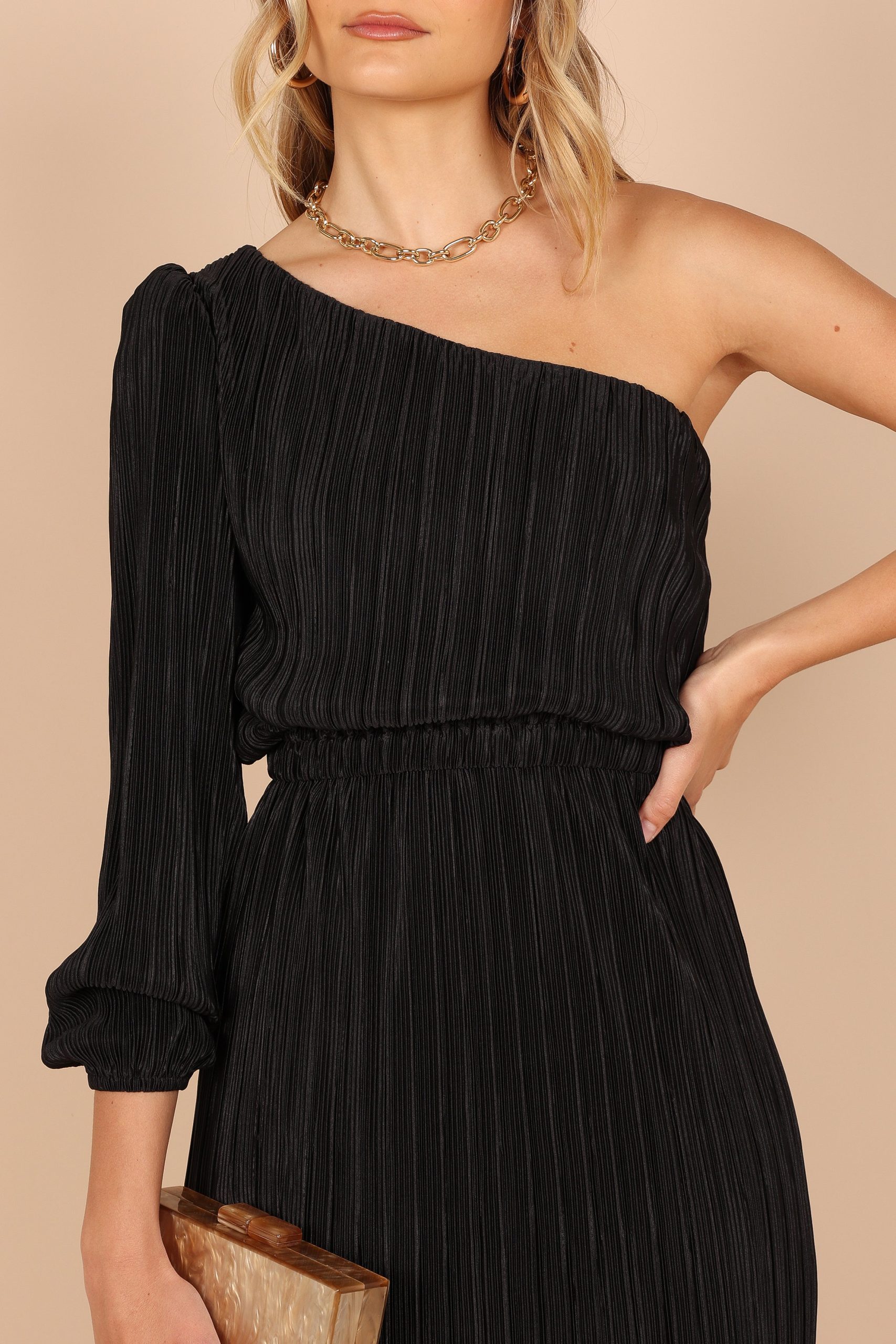 Pontee One Shoulder Pleated Midi Dress - Black - Image 6
