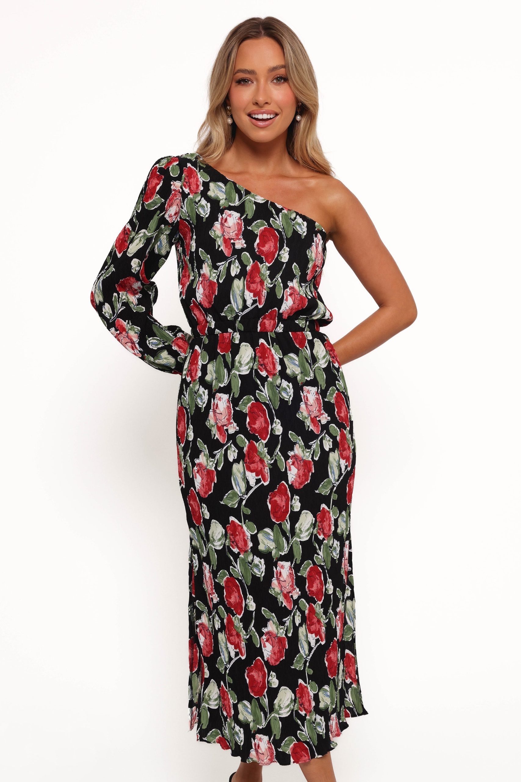 Pontee One Shoulder Pleated Midi Dress - Black Rose Print - Image 3