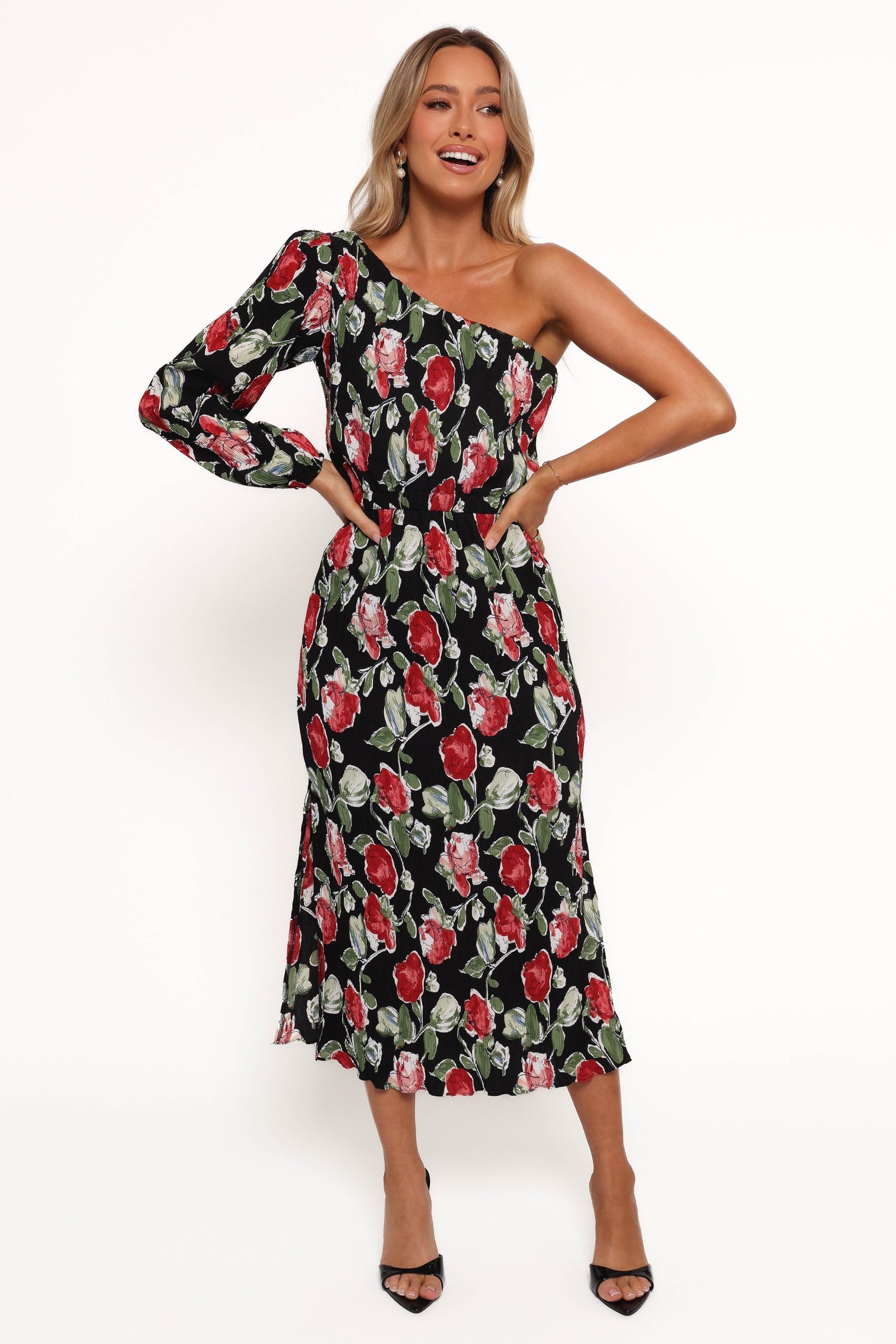 Pontee One Shoulder Pleated Midi Dress - Black Rose Print - Image 4