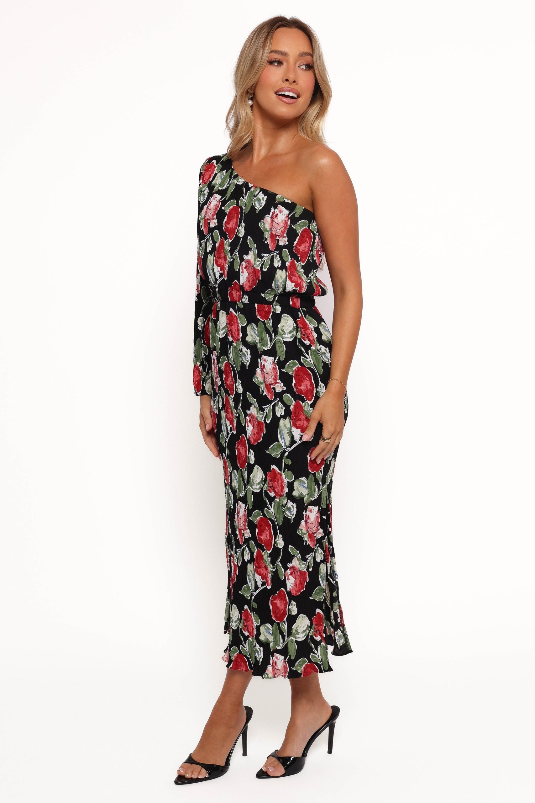 Pontee One Shoulder Pleated Midi Dress - Black Rose Print - Image 5