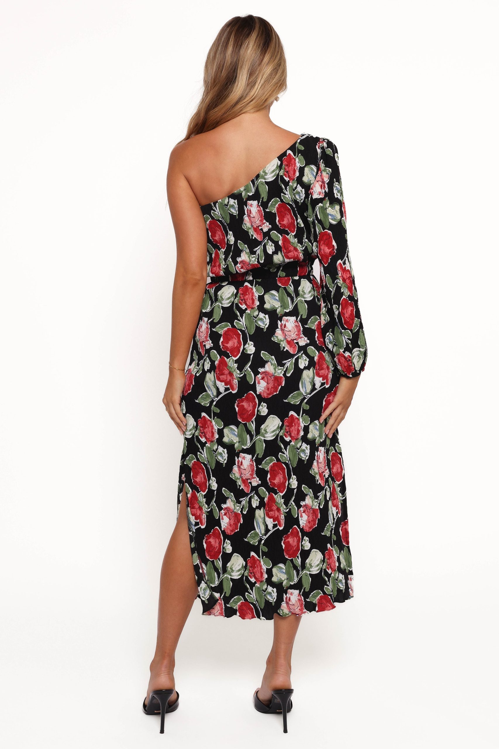 Pontee One Shoulder Pleated Midi Dress - Black Rose Print - Image 6