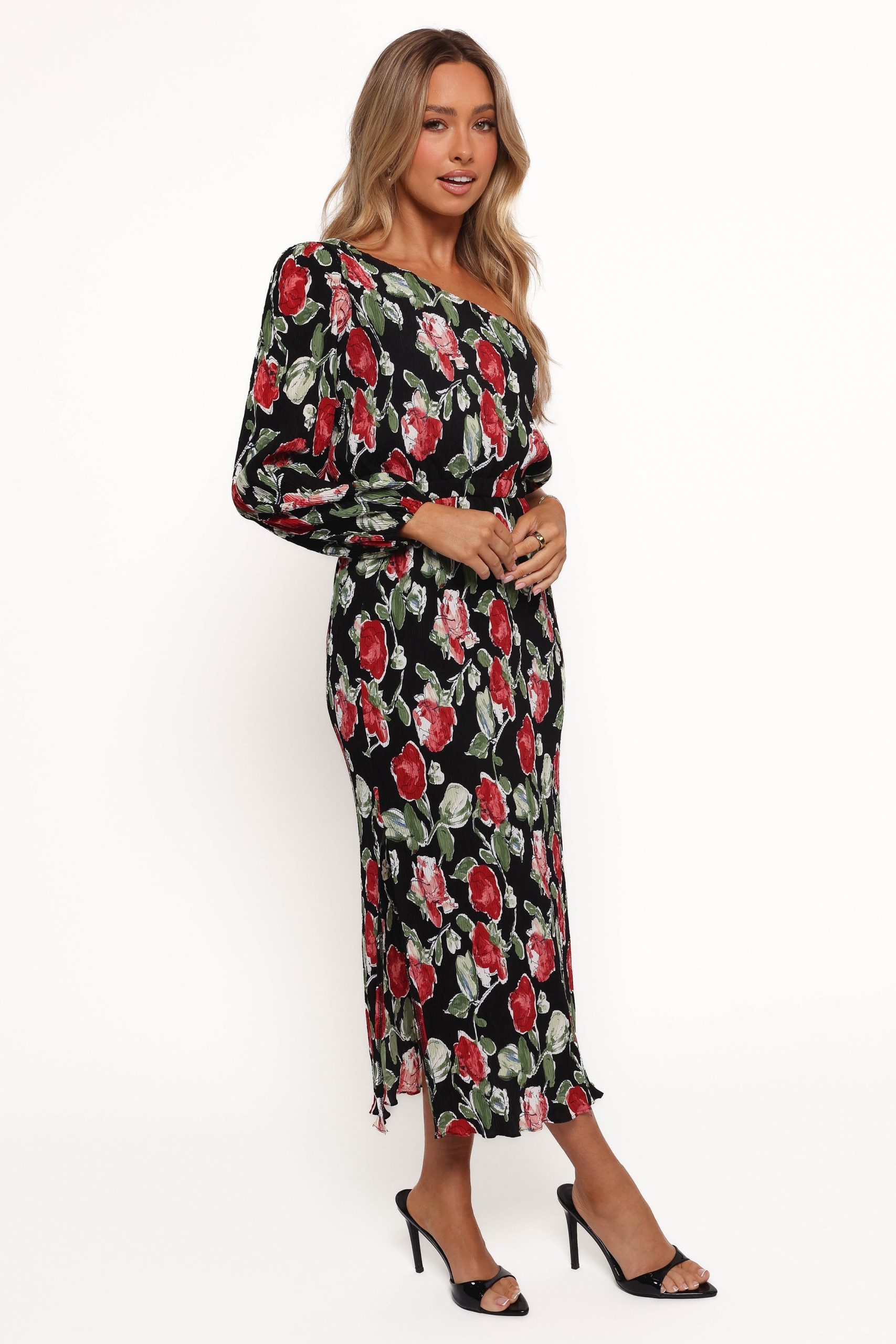 Pontee One Shoulder Pleated Midi Dress - Black Rose Print - Image 7