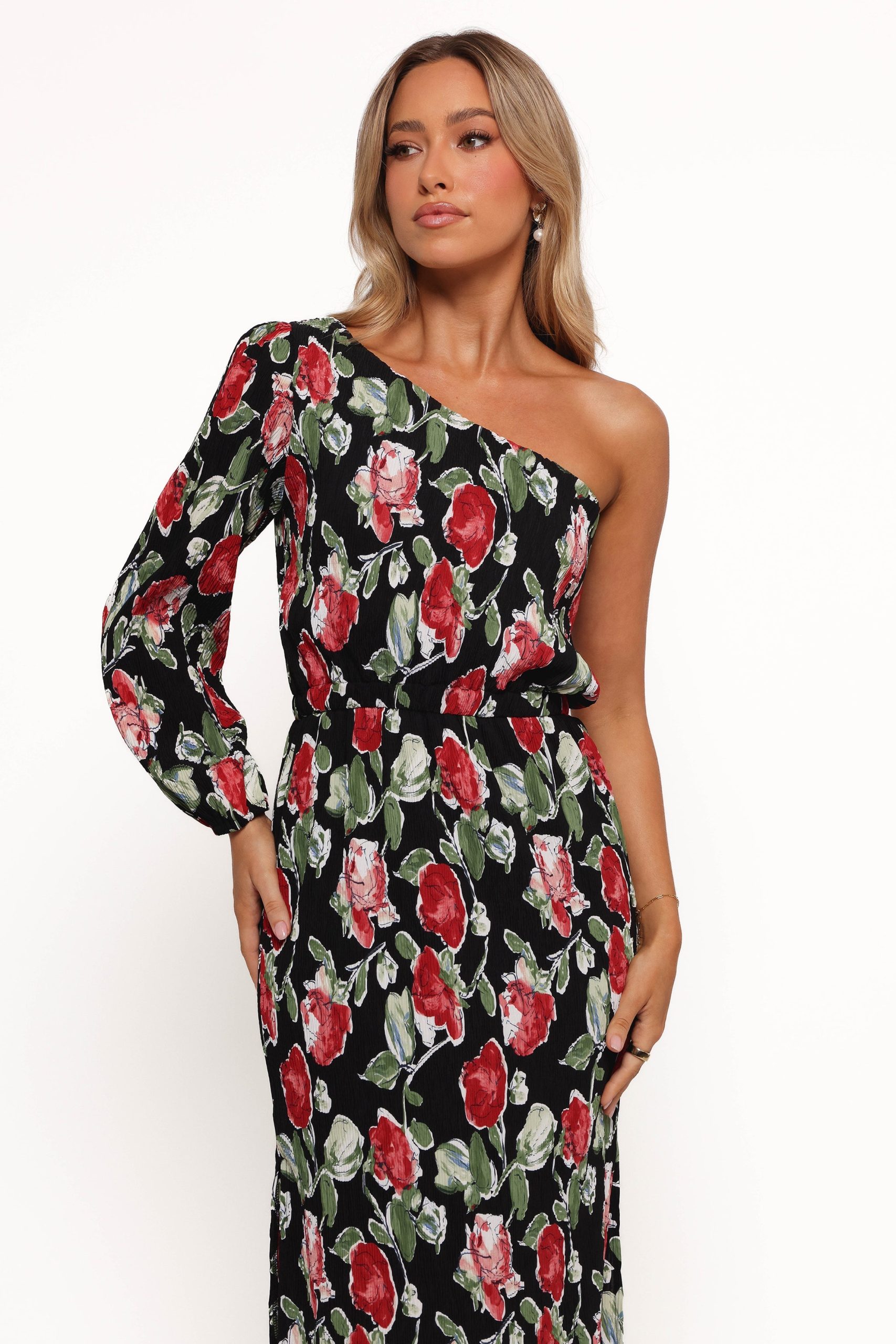 Pontee One Shoulder Pleated Midi Dress - Black Rose Print - Image 8