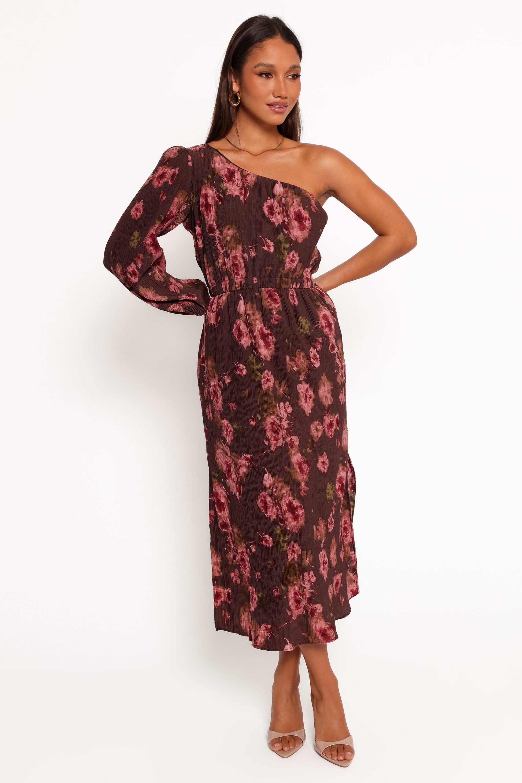 Pontee One Shoulder Pleated Midi Dress - Chocolate Brown - Image 3