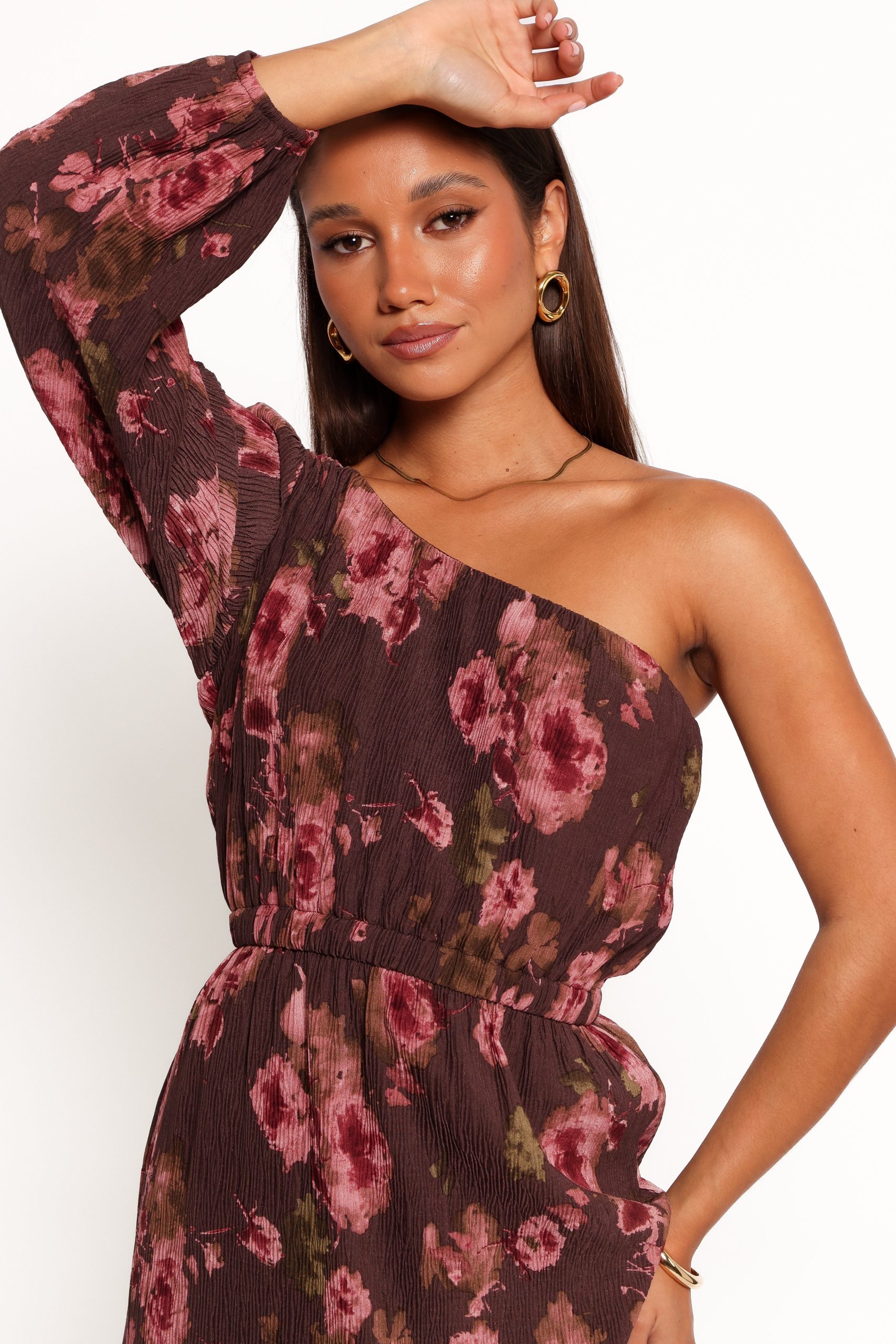 Pontee One Shoulder Pleated Midi Dress - Chocolate Brown - Image 4