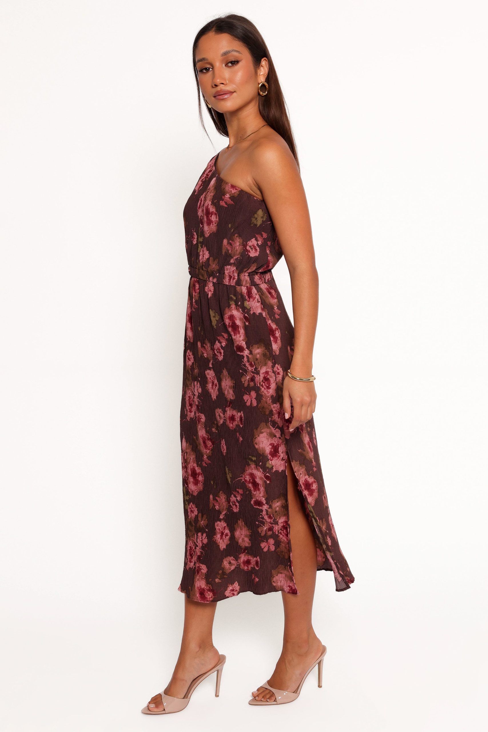 Pontee One Shoulder Pleated Midi Dress - Chocolate Brown - Image 5
