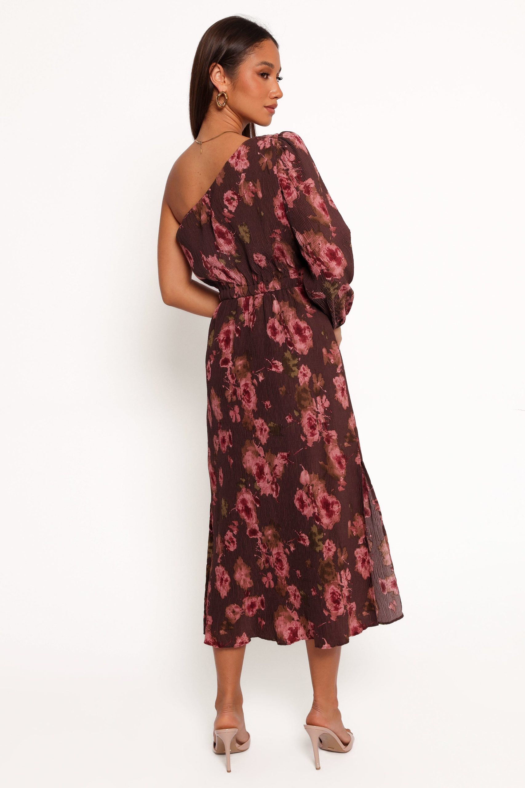 Pontee One Shoulder Pleated Midi Dress - Chocolate Brown - Image 6