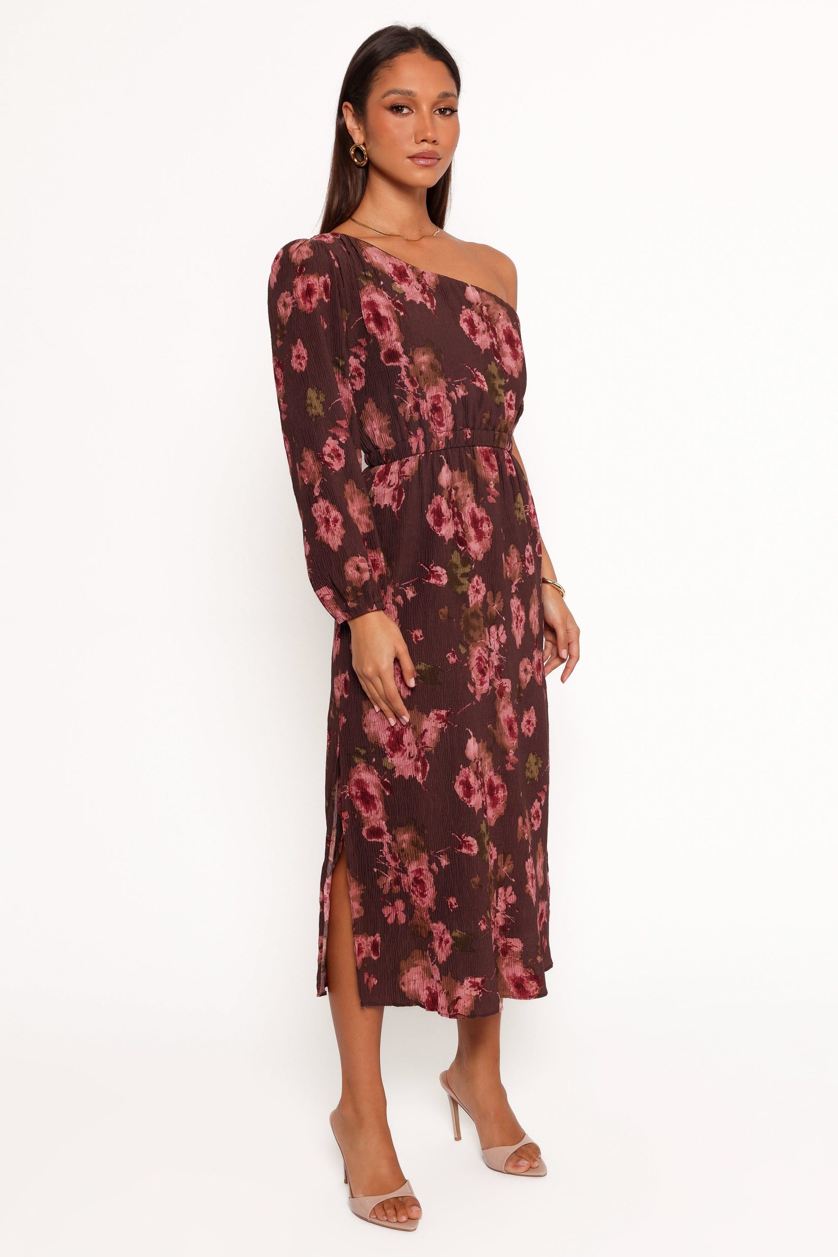 Pontee One Shoulder Pleated Midi Dress - Chocolate Brown - Image 7