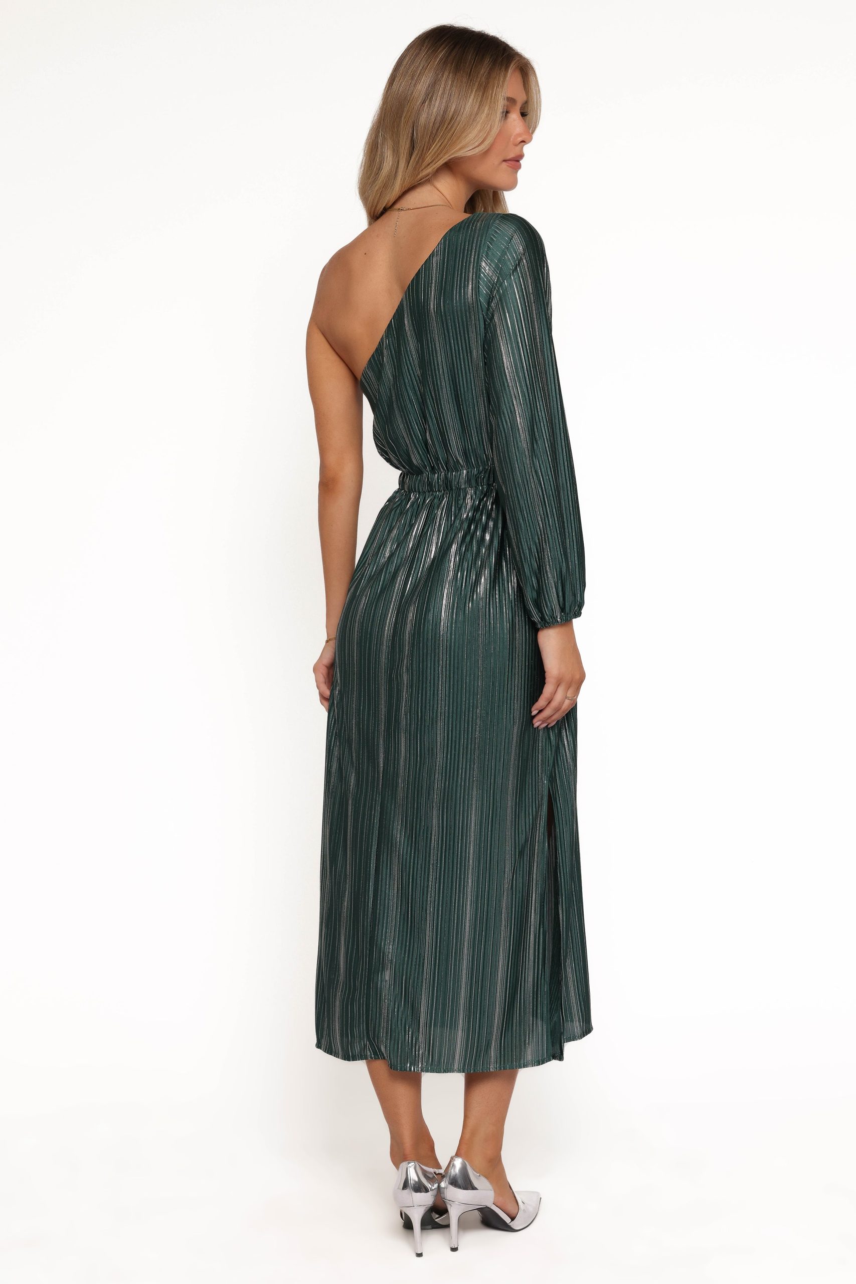 Pontee One Shoulder Pleated Midi Dress - Green - Image 4