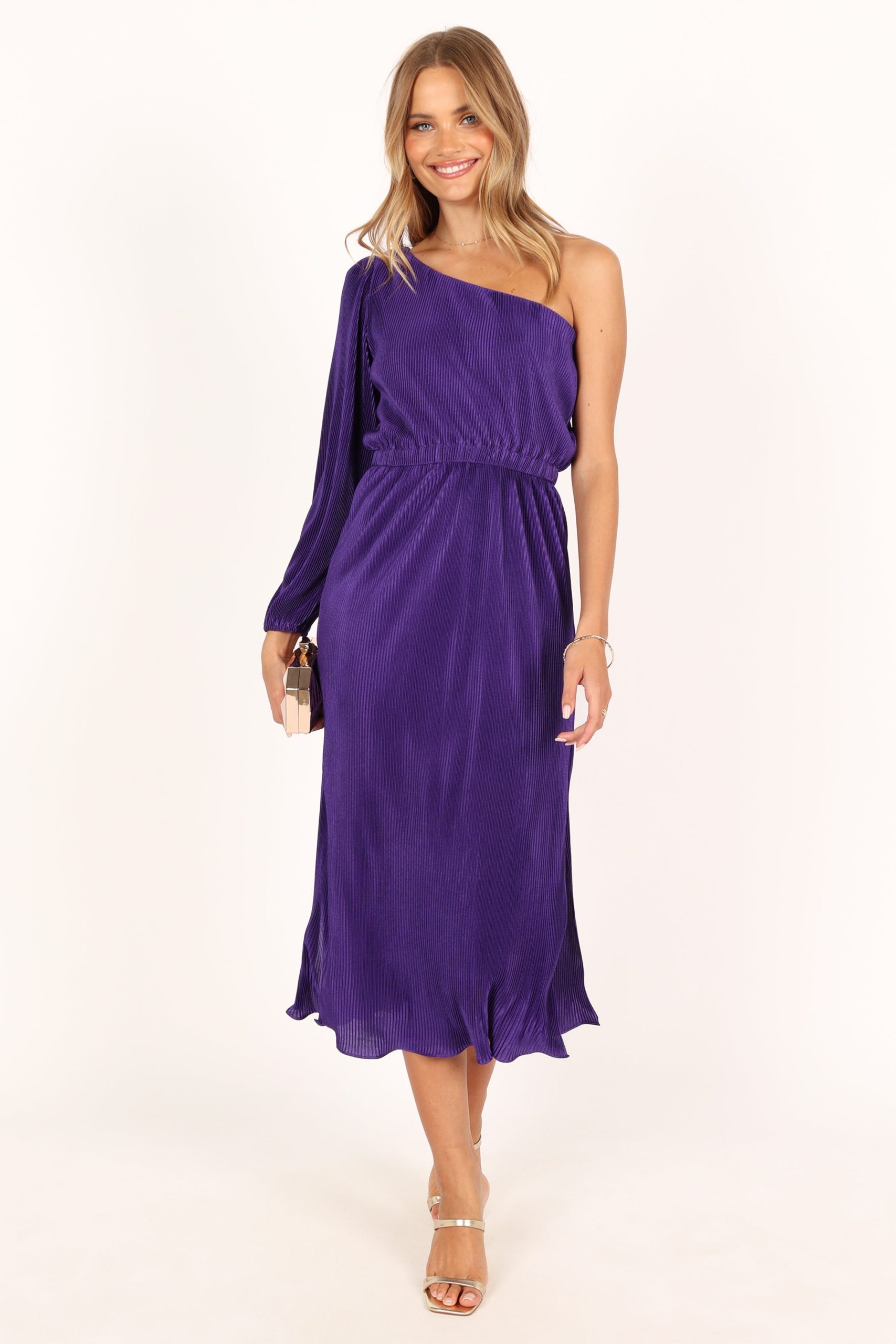 Pontee One Shoulder Pleated Midi Dress - Purple - Image 3