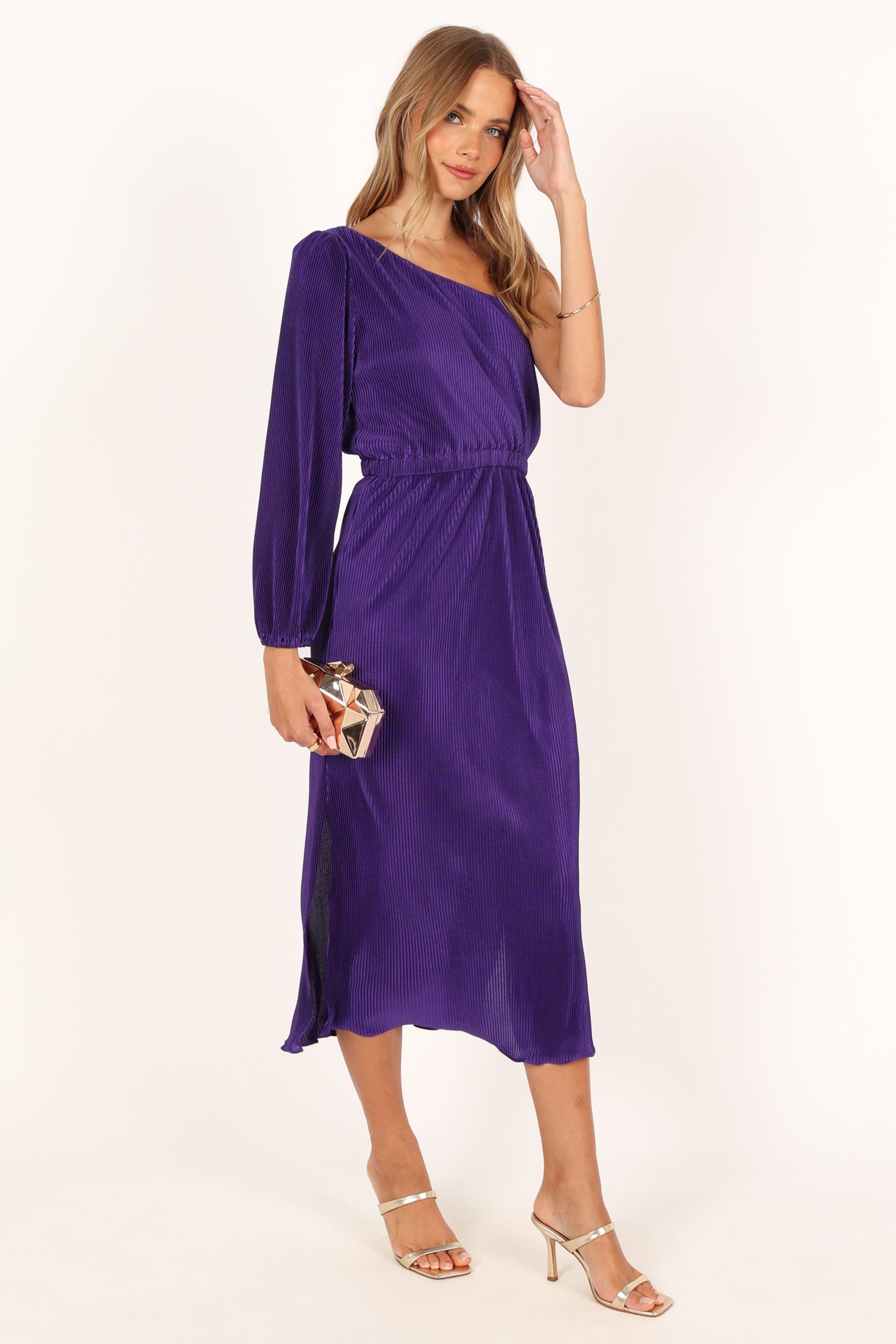 Pontee One Shoulder Pleated Midi Dress - Purple - Image 7
