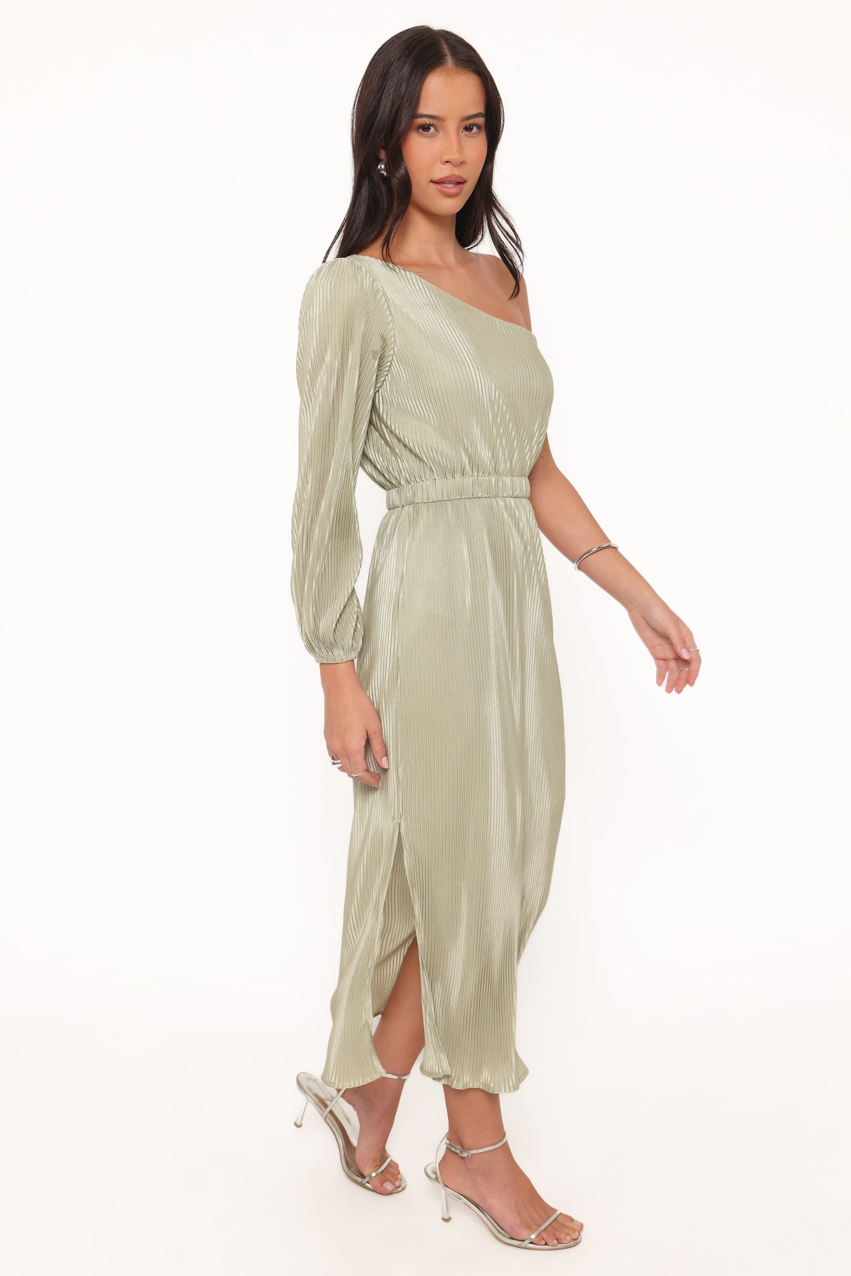Pontee One Shoulder Pleated Midi Dress - Sage Green - Image 5