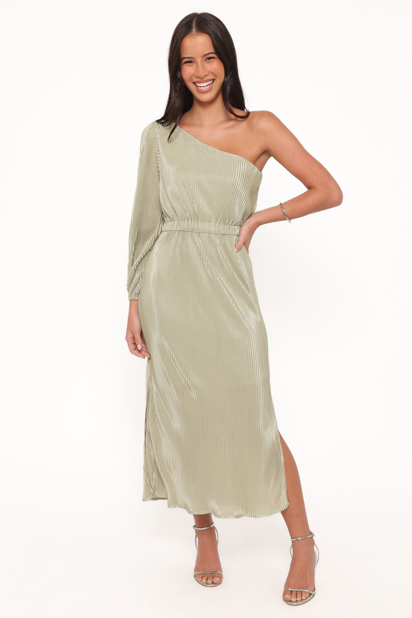 Pontee One Shoulder Pleated Midi Dress - Sage Green - Image 2