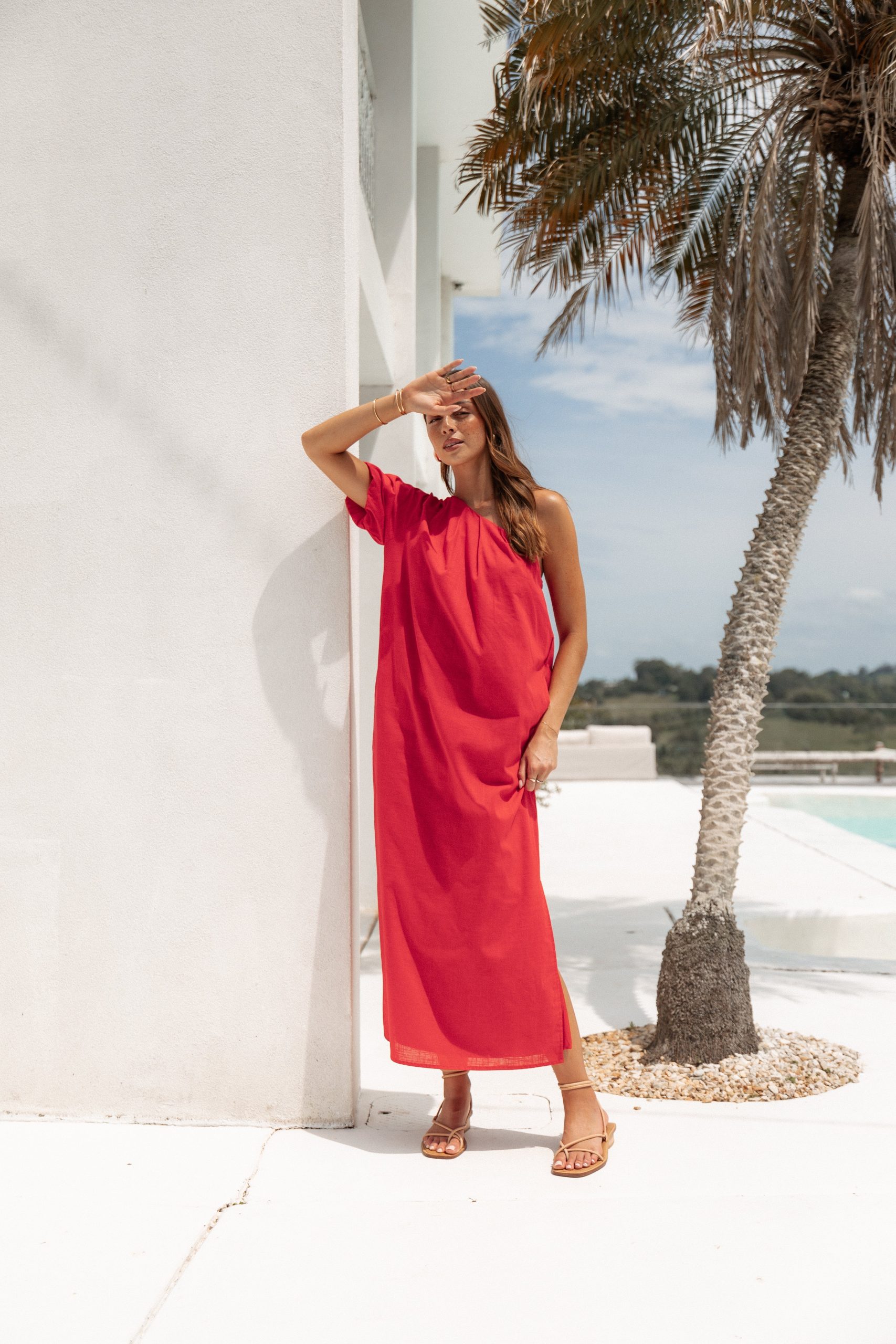 Roma One Shoulder Midi Dress - Red - Image 2