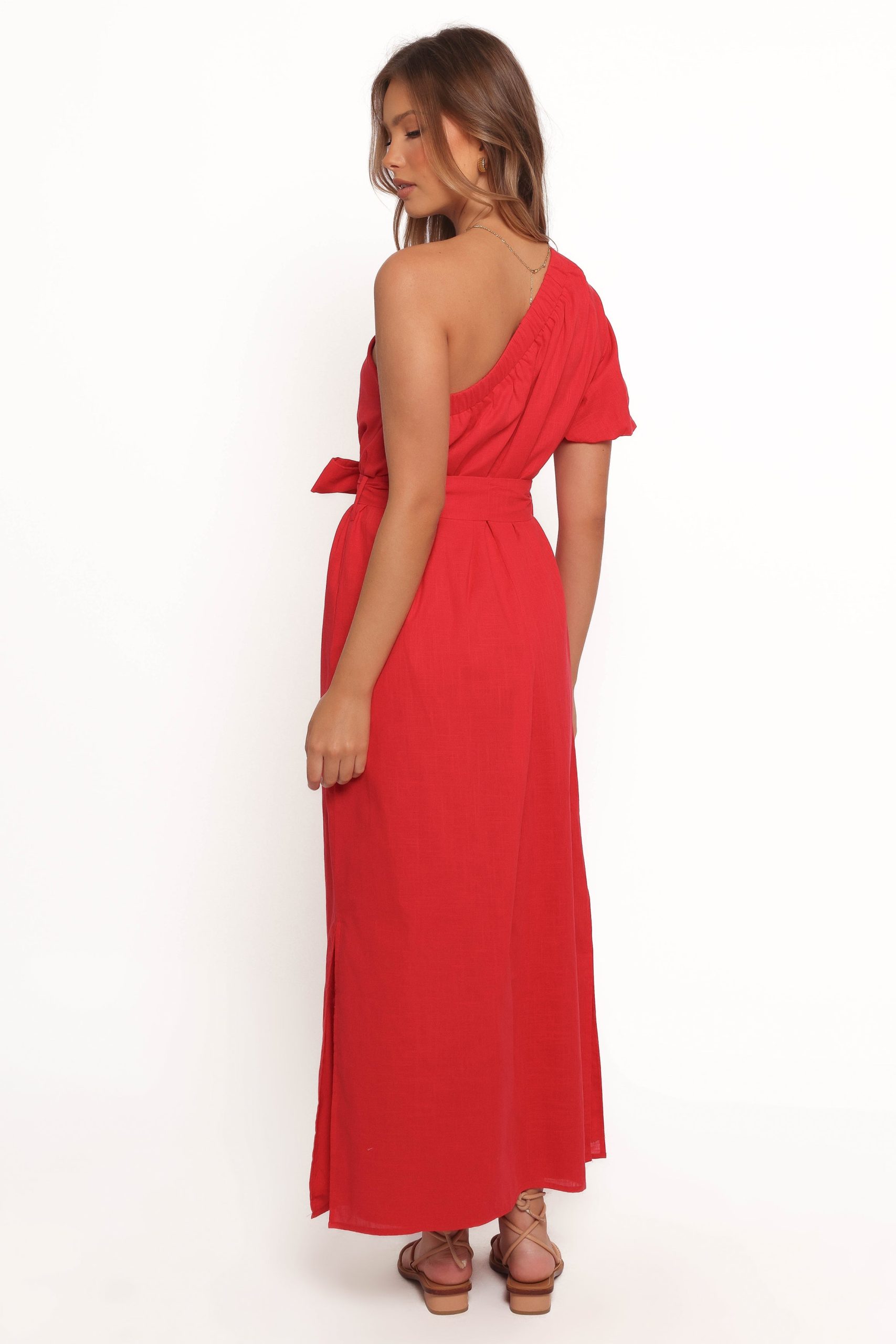 Roma One Shoulder Midi Dress - Red - Image 6