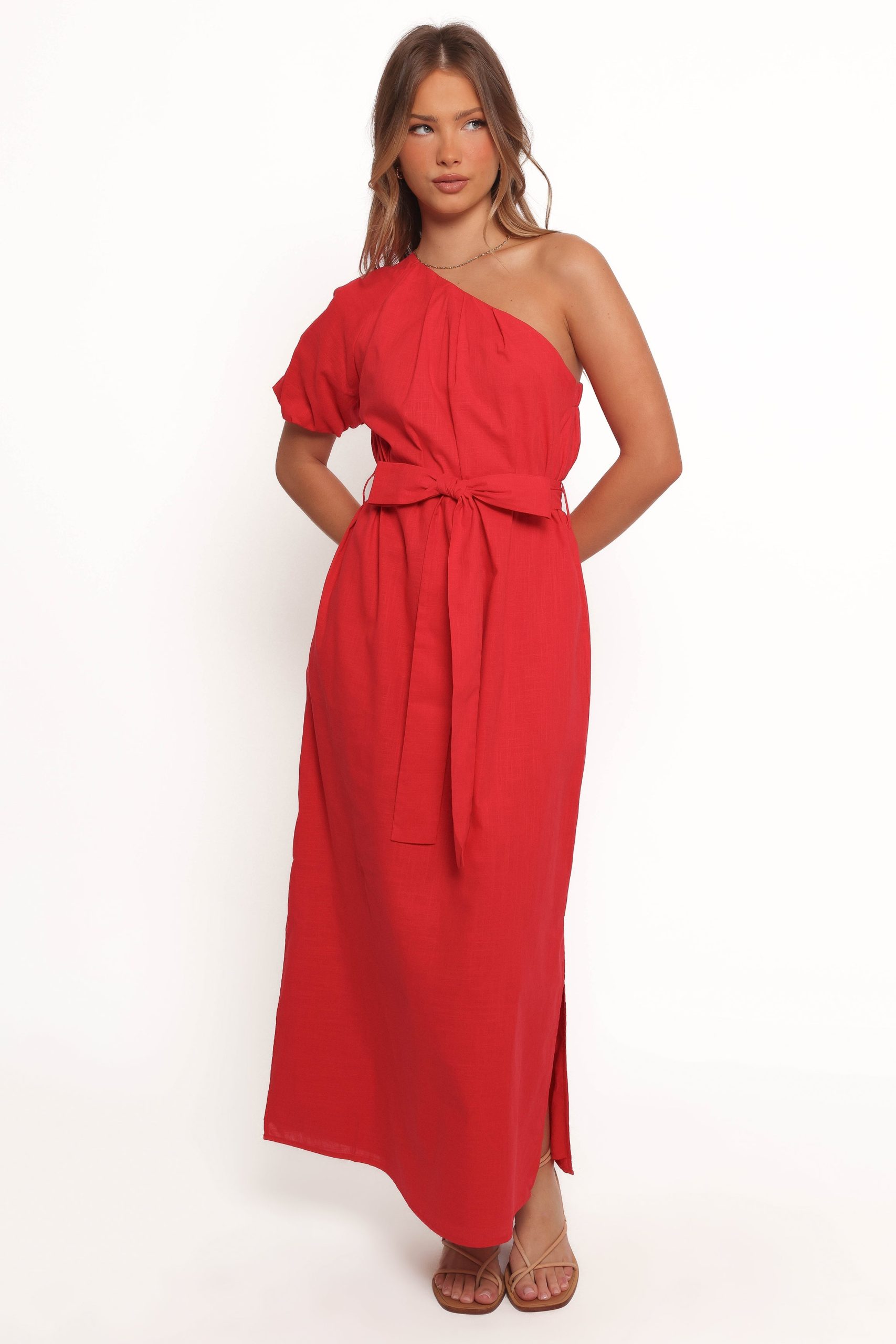Roma One Shoulder Midi Dress - Red - Image 3