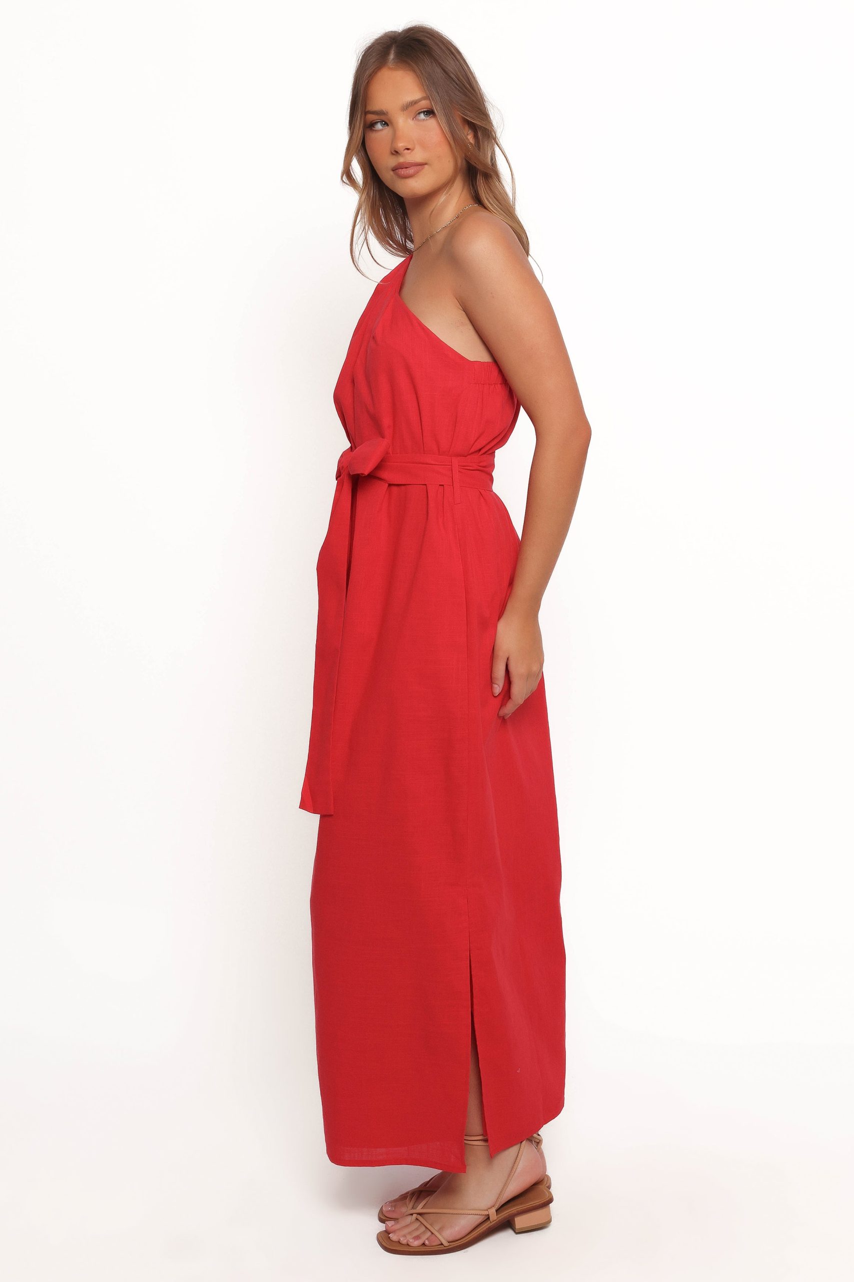 Roma One Shoulder Midi Dress - Red - Image 5