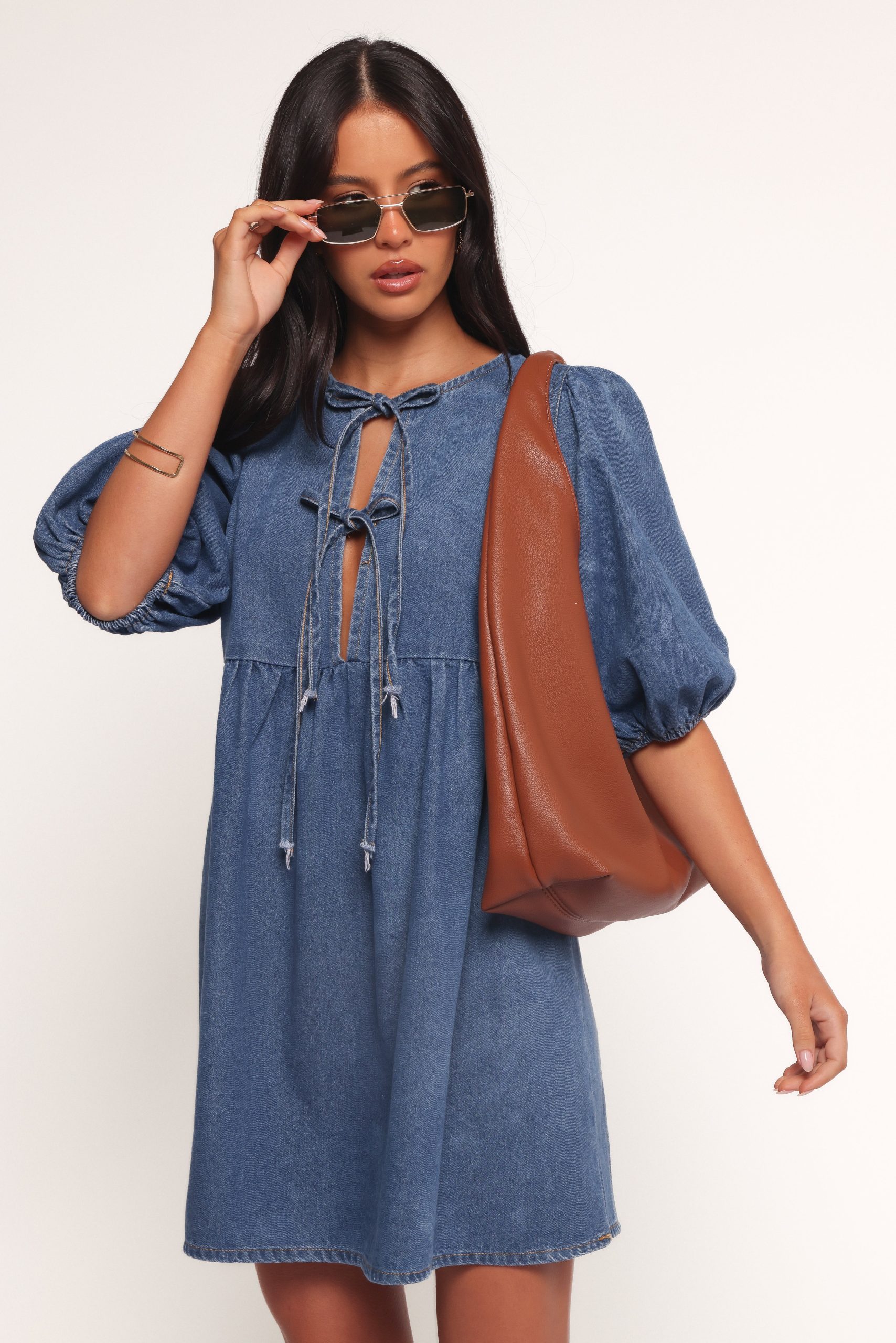 Romana Tie Front Mini Dress - Dark Denim - Image 3