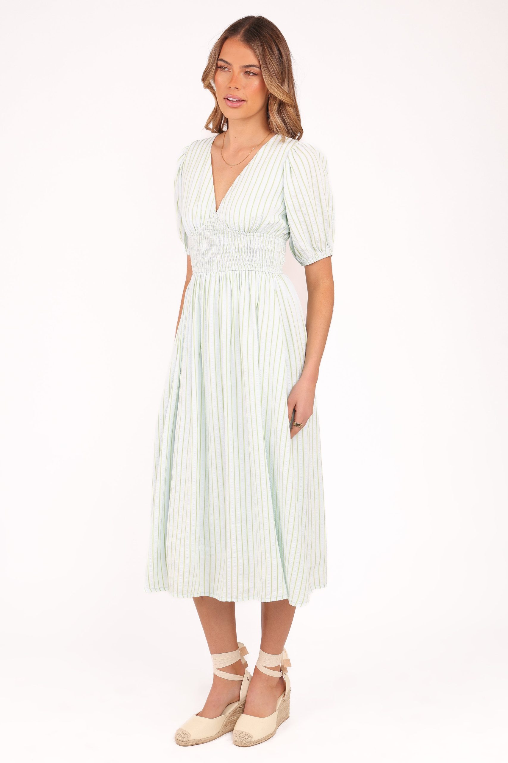 Ronnie Short Sleeve Midi Dress - Green Blue Stripe - Image 5
