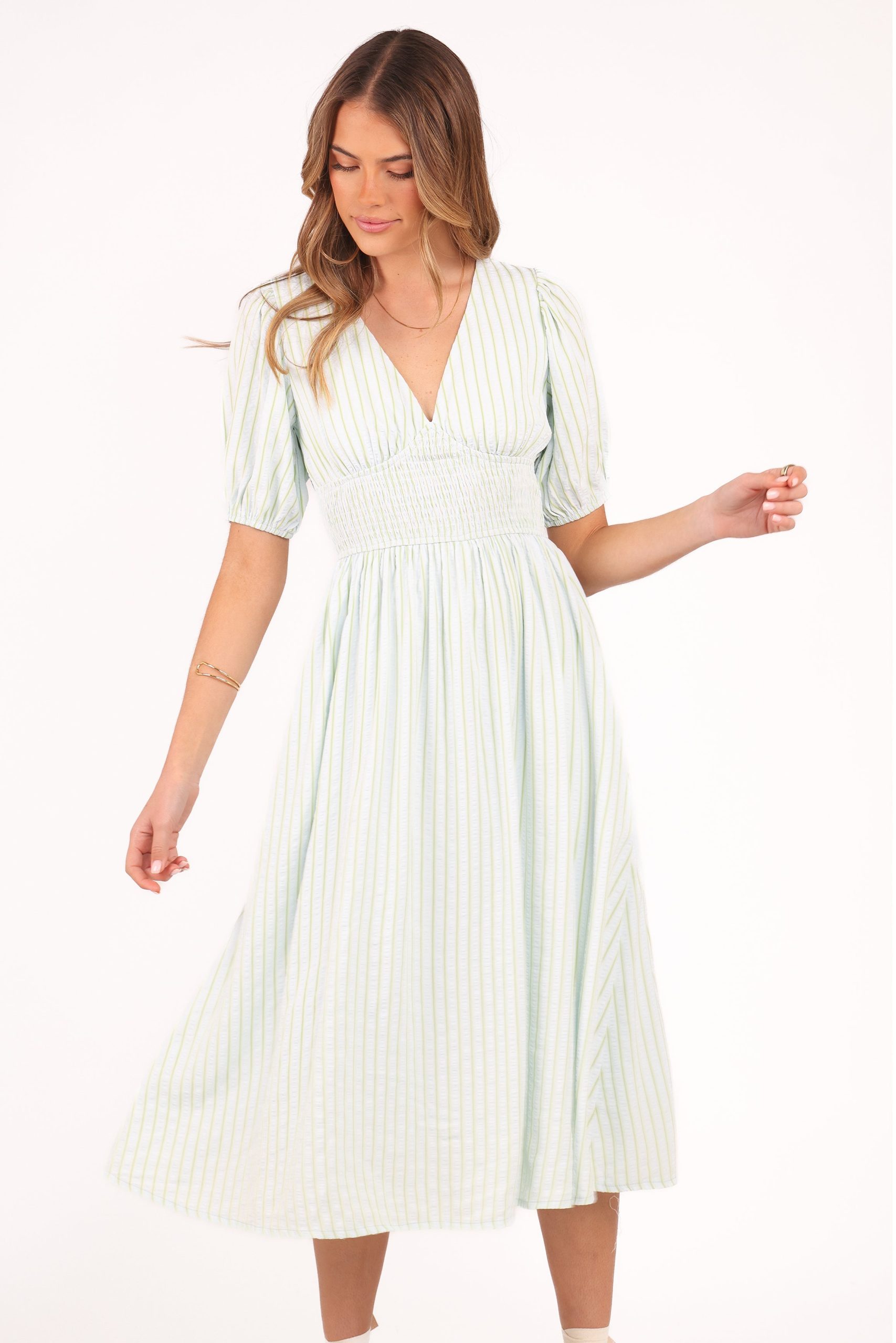 Ronnie Short Sleeve Midi Dress - Green Blue Stripe - Image 2