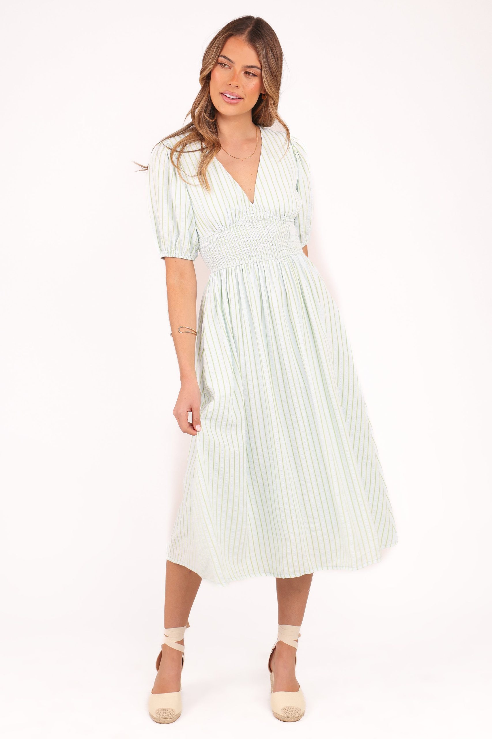 Ronnie Short Sleeve Midi Dress - Green Blue Stripe - Image 3