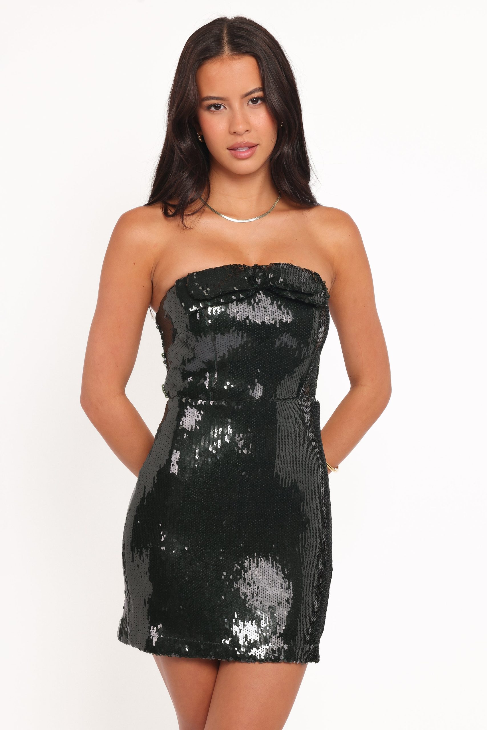 Sadie Strapless Bow Mini Dress - Green Sequin - Image 2