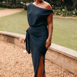 Santiago Off Shoulder Midi Dress - Navy