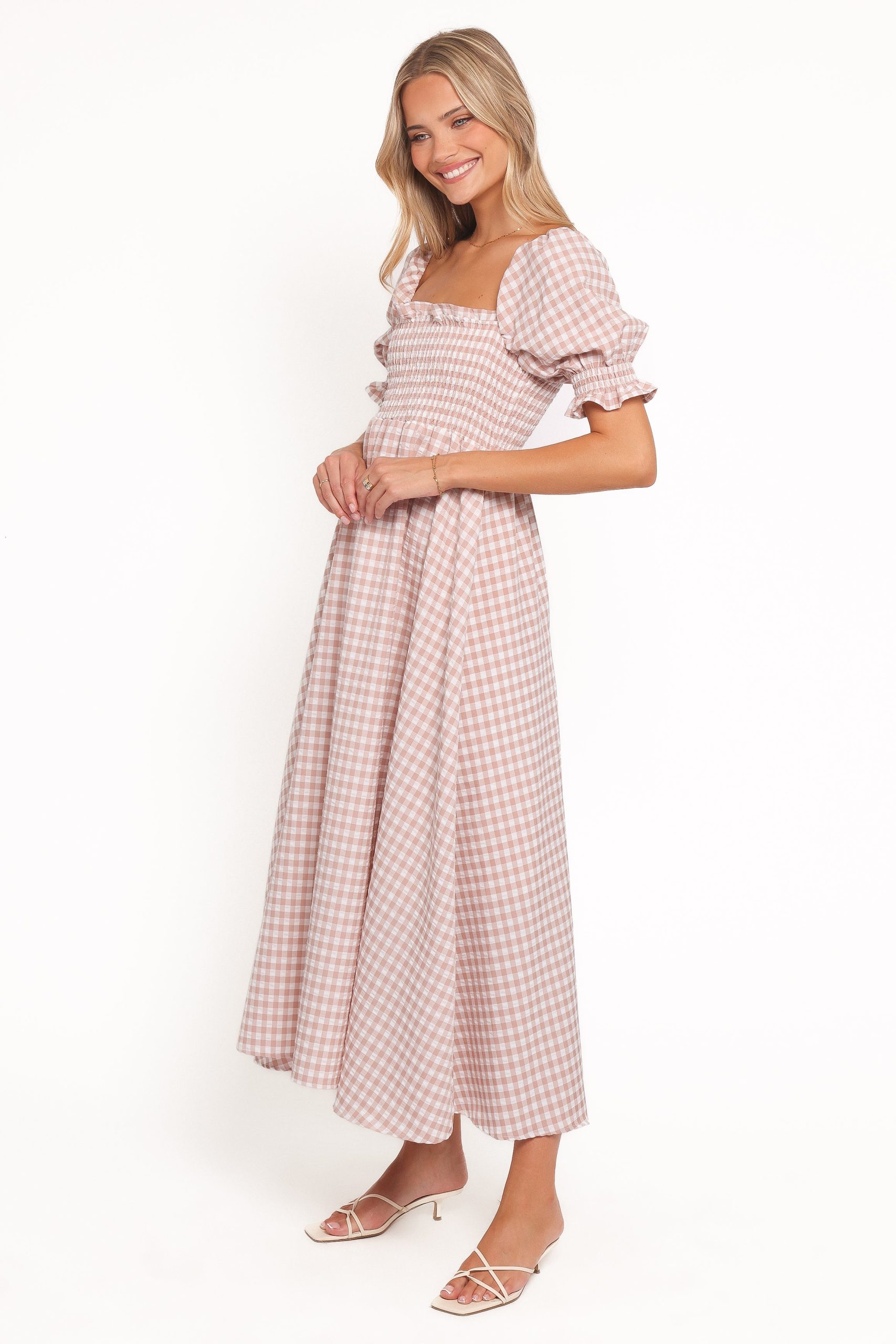 Siun Short Sleeve Midi Dress - Brown Gingham - Image 3