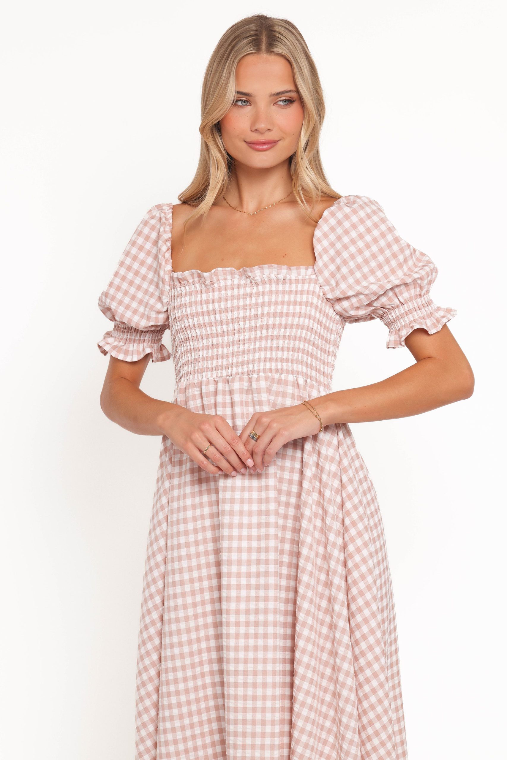 Siun Short Sleeve Midi Dress - Brown Gingham - Image 2