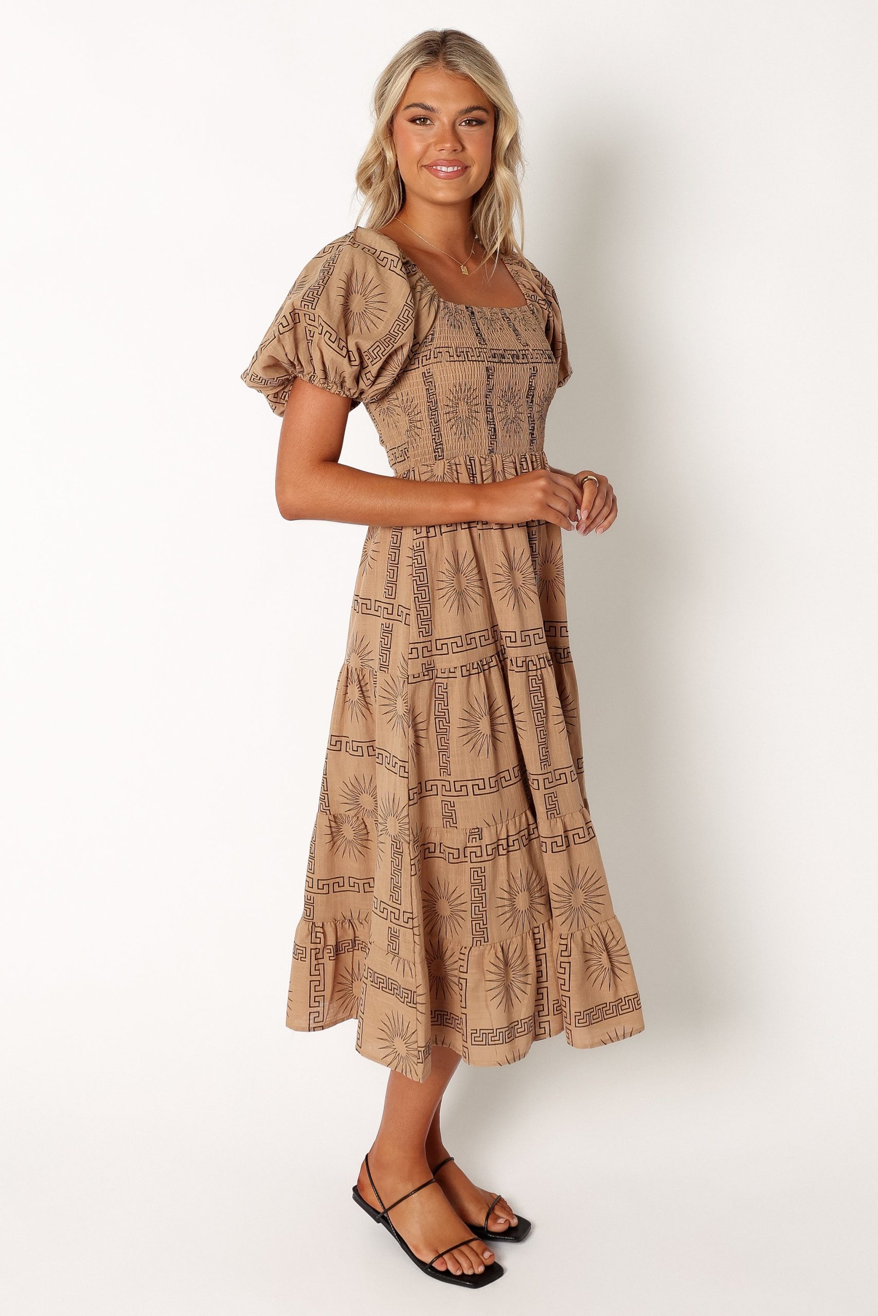 Soliel Puff Sleeve Midi Dress - Tan Black - Image 5