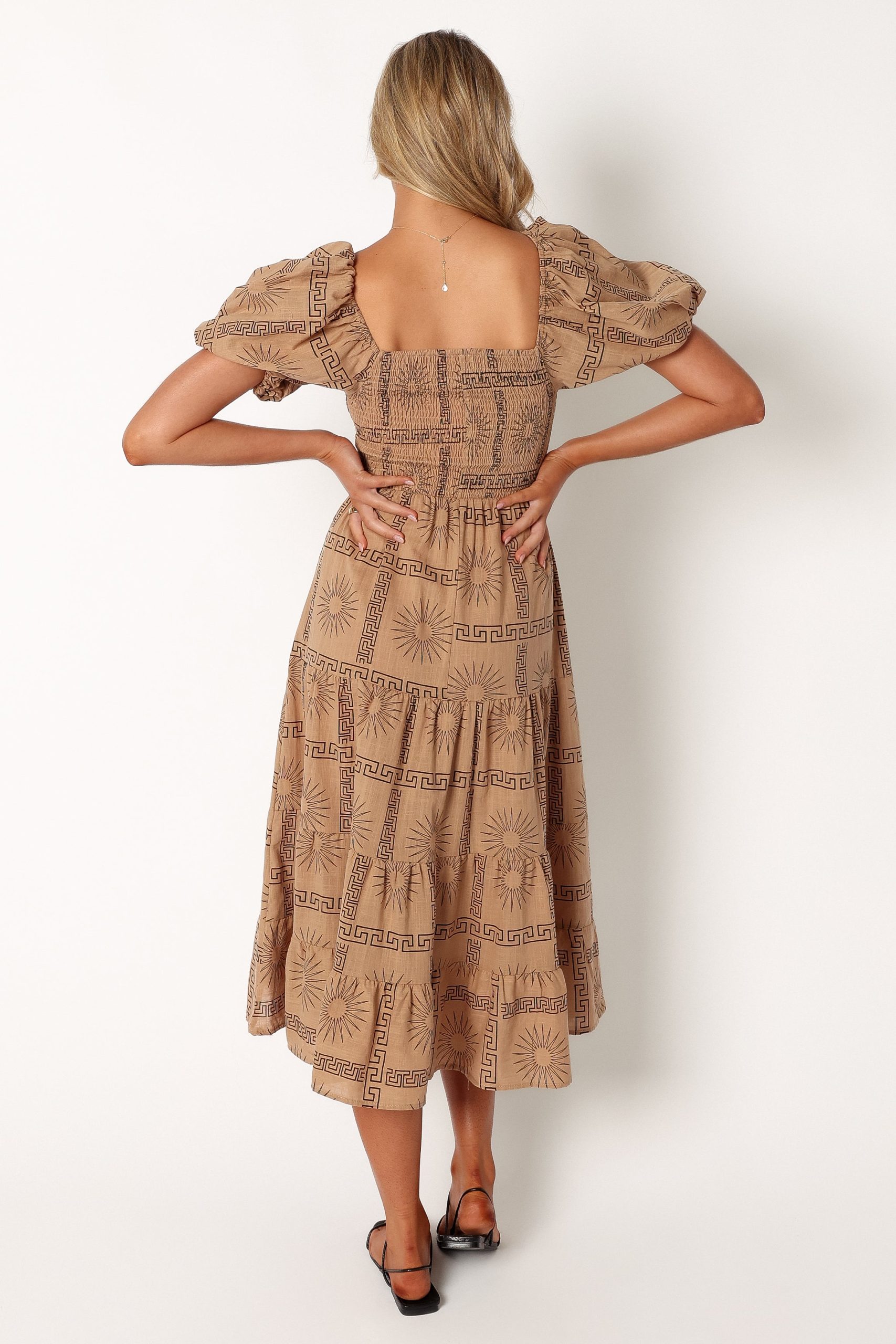 Soliel Puff Sleeve Midi Dress - Tan Black - Image 4