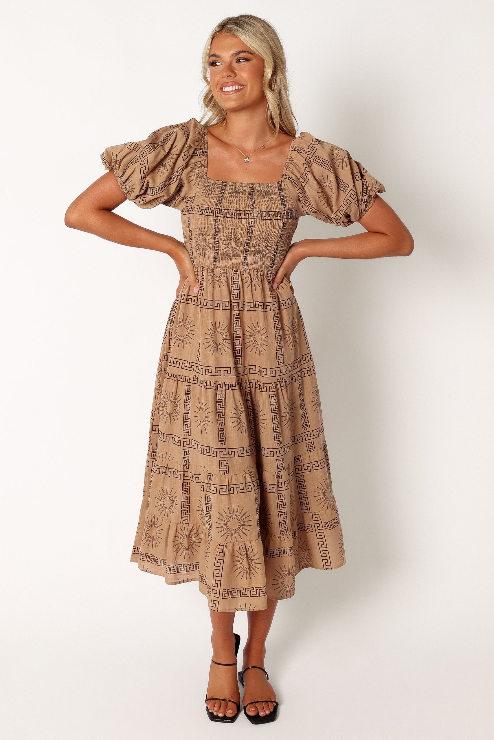 Soliel Puff Sleeve Midi Dress - Tan Black - Image 3