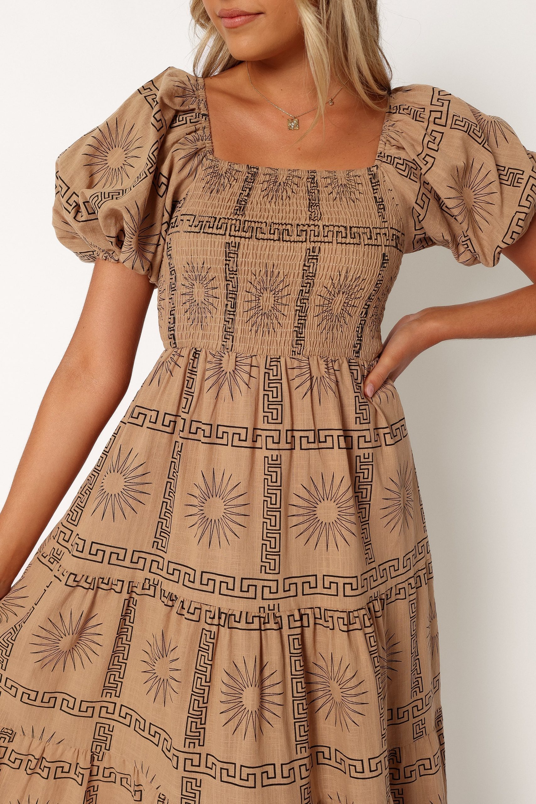 Soliel Puff Sleeve Midi Dress - Tan Black - Image 2