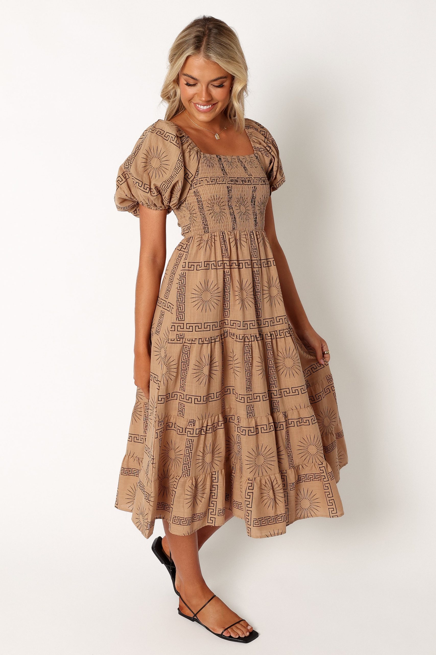 Soliel Puff Sleeve Midi Dress - Tan Black - Image 7