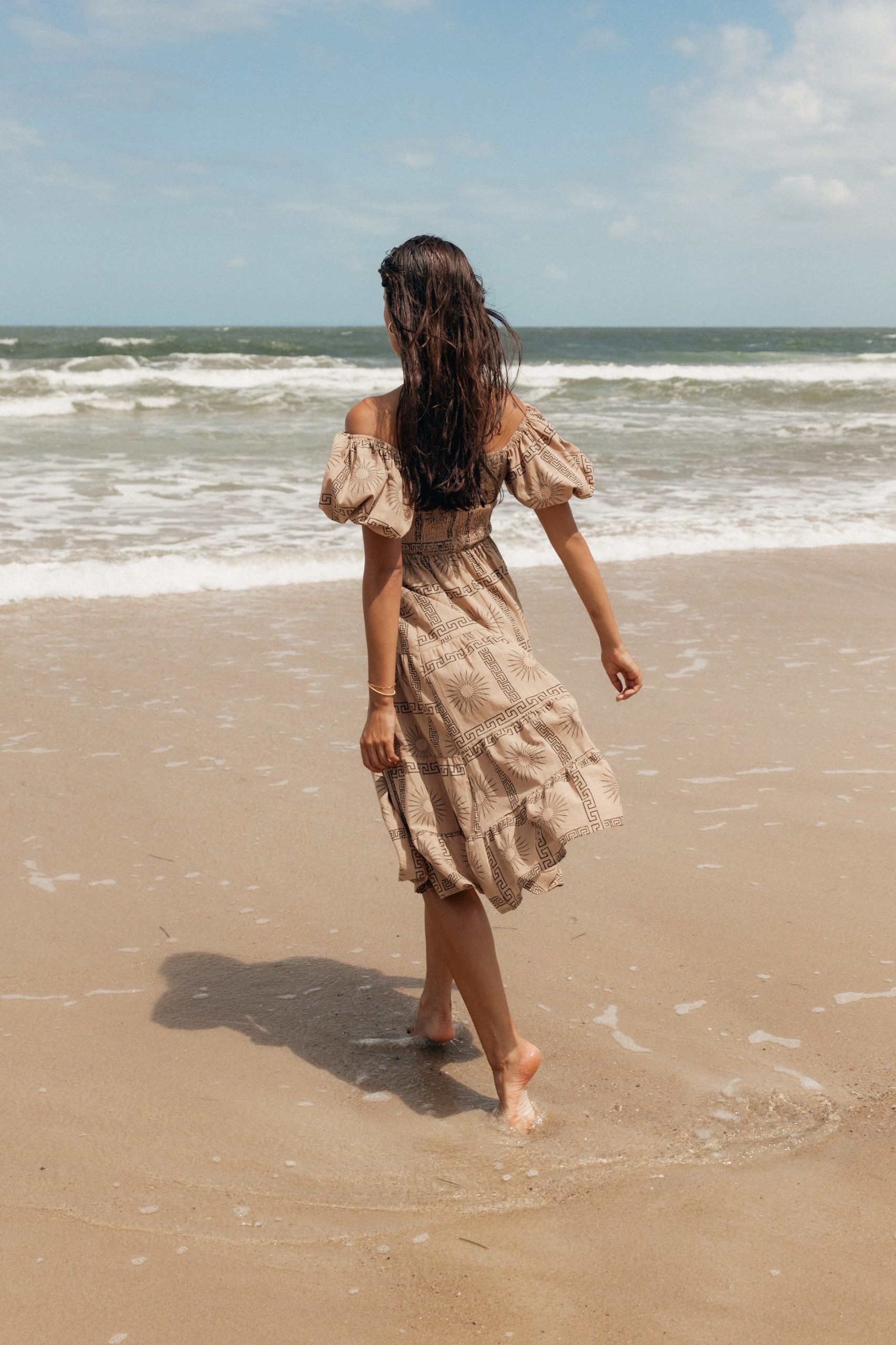 Soliel Puff Sleeve Midi Dress - Tan Black - Image 9