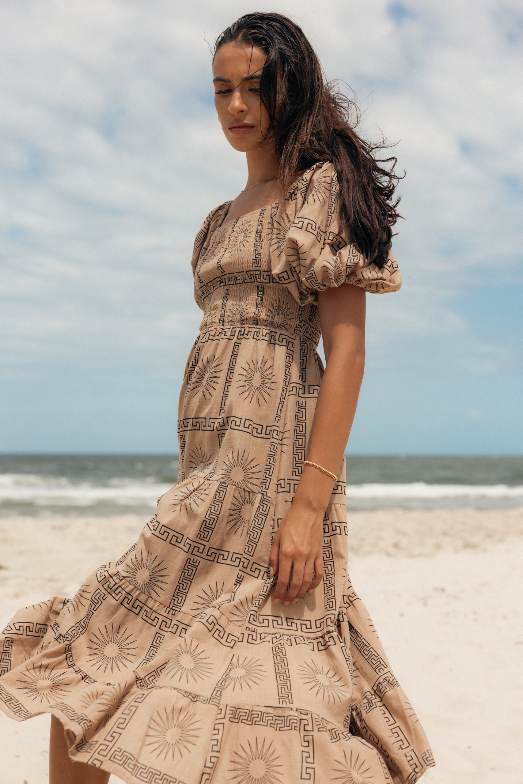 Soliel Puff Sleeve Midi Dress - Tan Black - Image 8