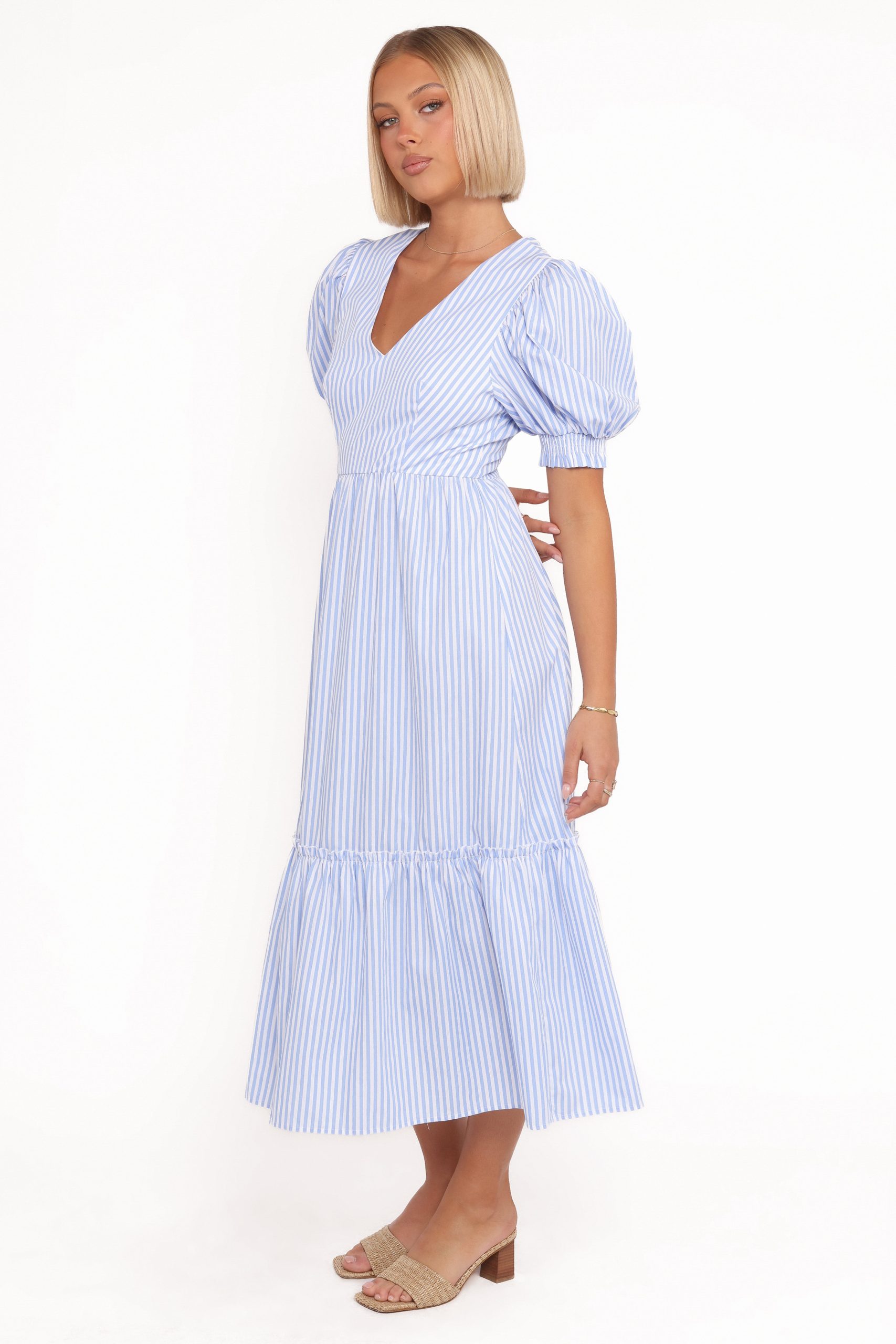 Steele Puff Sleeve Midi Dress - Blue Stripe - Image 5