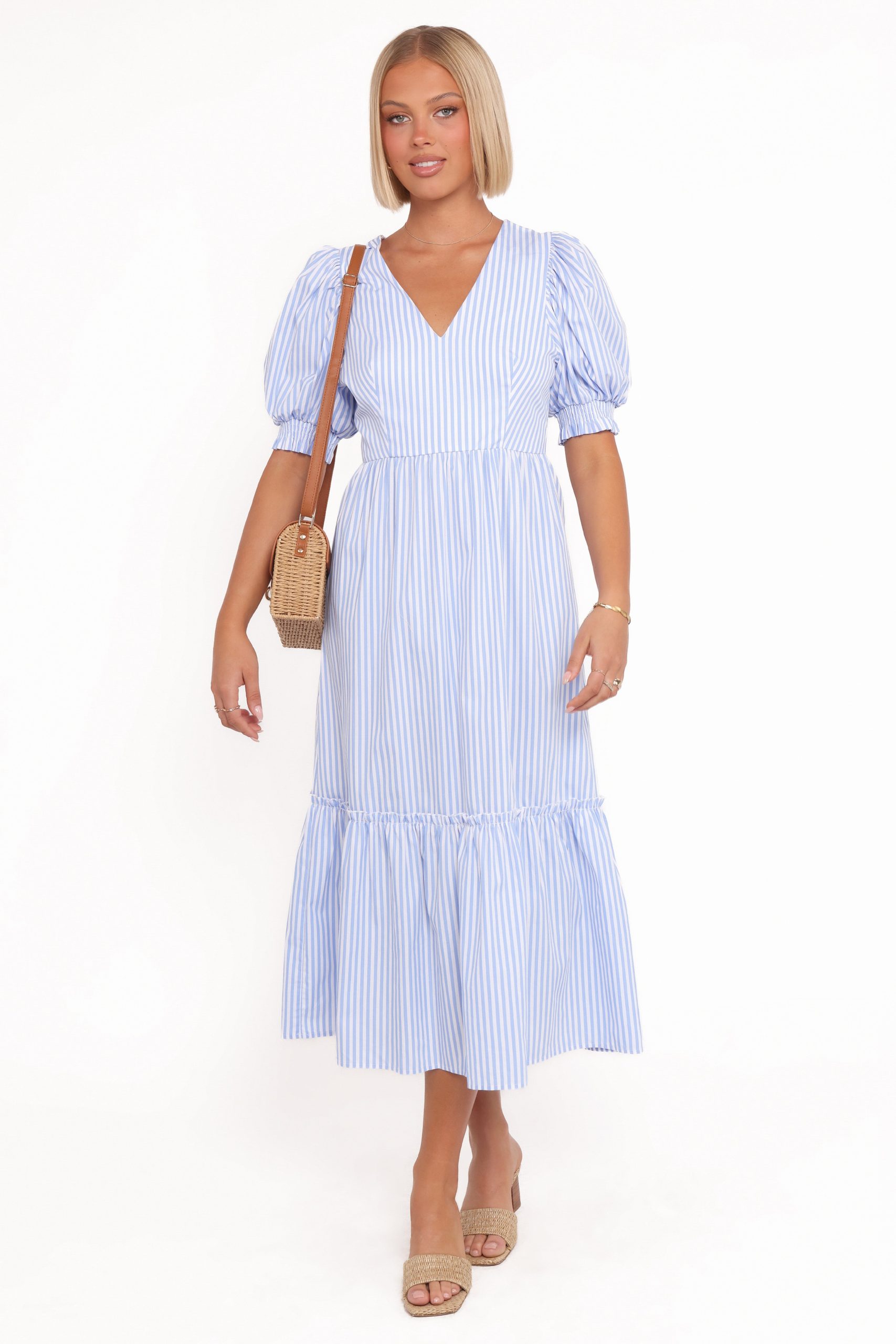 Steele Puff Sleeve Midi Dress - Blue Stripe - Image 2